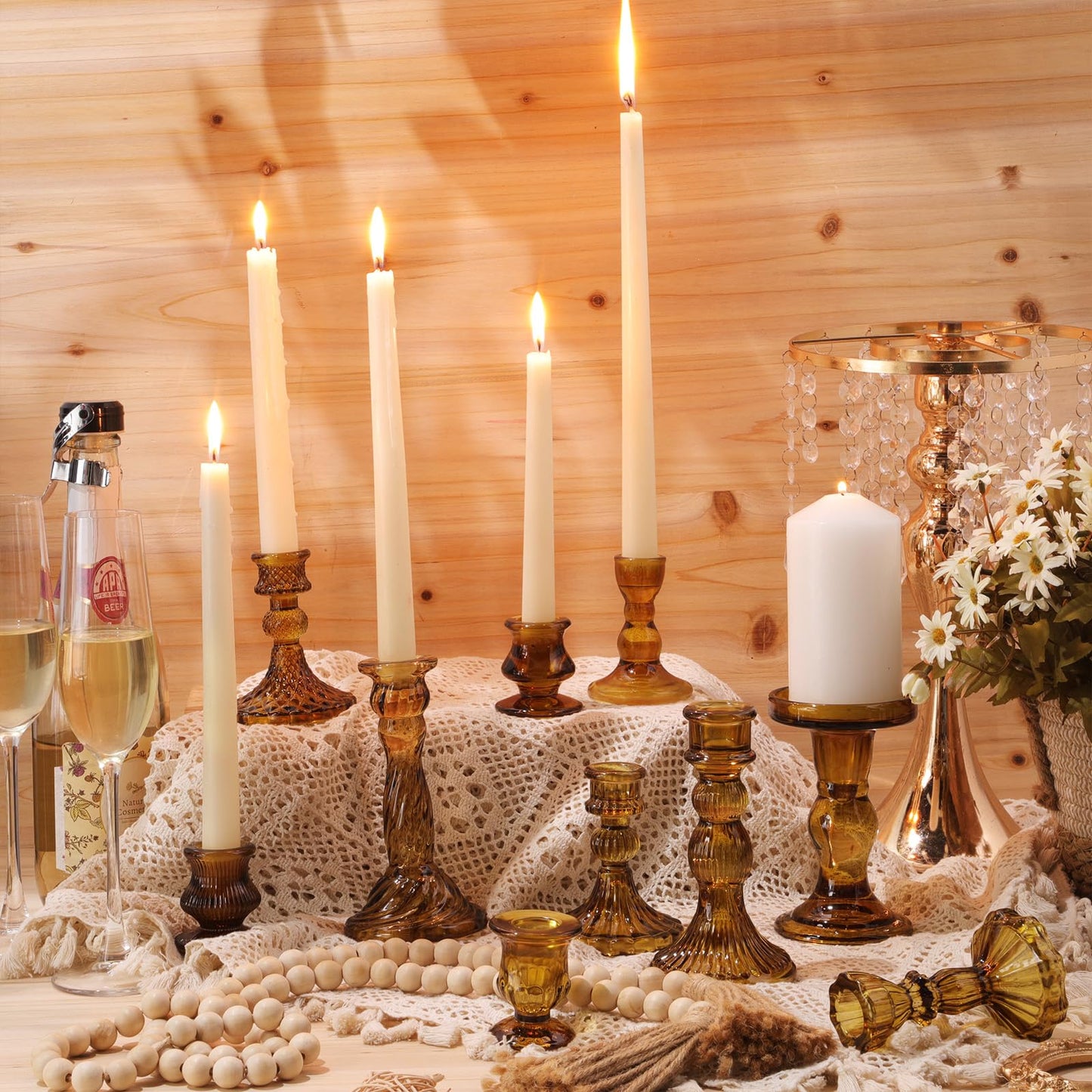 Mumufy 10 Pcs Glass Crystal Taper Candle Holders Clear Glass Candlestick Holder Fit 0.8 Inch Candles Crystal Decorative Candle Stand Centerpiece Table Wedding Dining Party (Classic,Brown)
