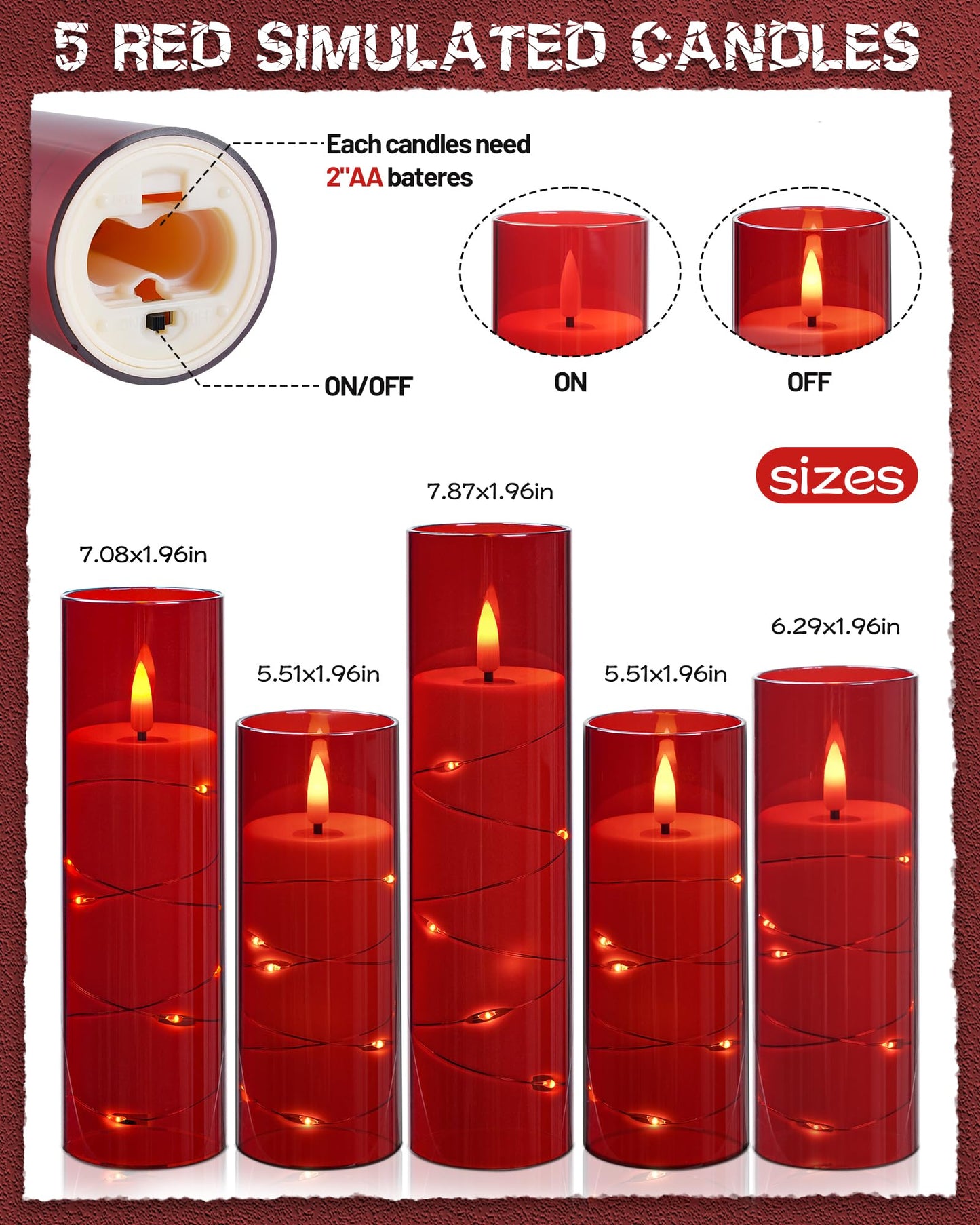 Da by 5 Pack Red Transparent Acrylic Flameless Taper Candles, Flickering Black Wick LED Candles with Copper Wire Lights, Heat Resistant ABS Candles with Remote for Indoor Outdoor Decor