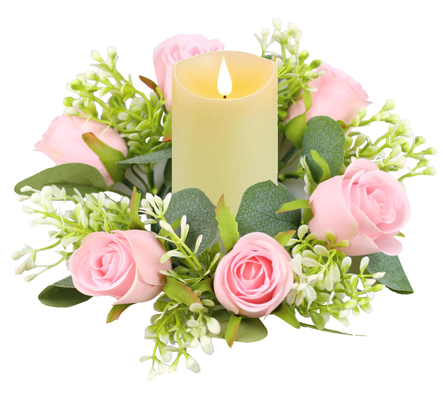 tyoungg Artificial Rose Eucalyptus Pillar Candle Rings Wreath 3 Inch Center Weddding Banquet Reception Table Centerpiece Spring Home Decor (4, Pink)