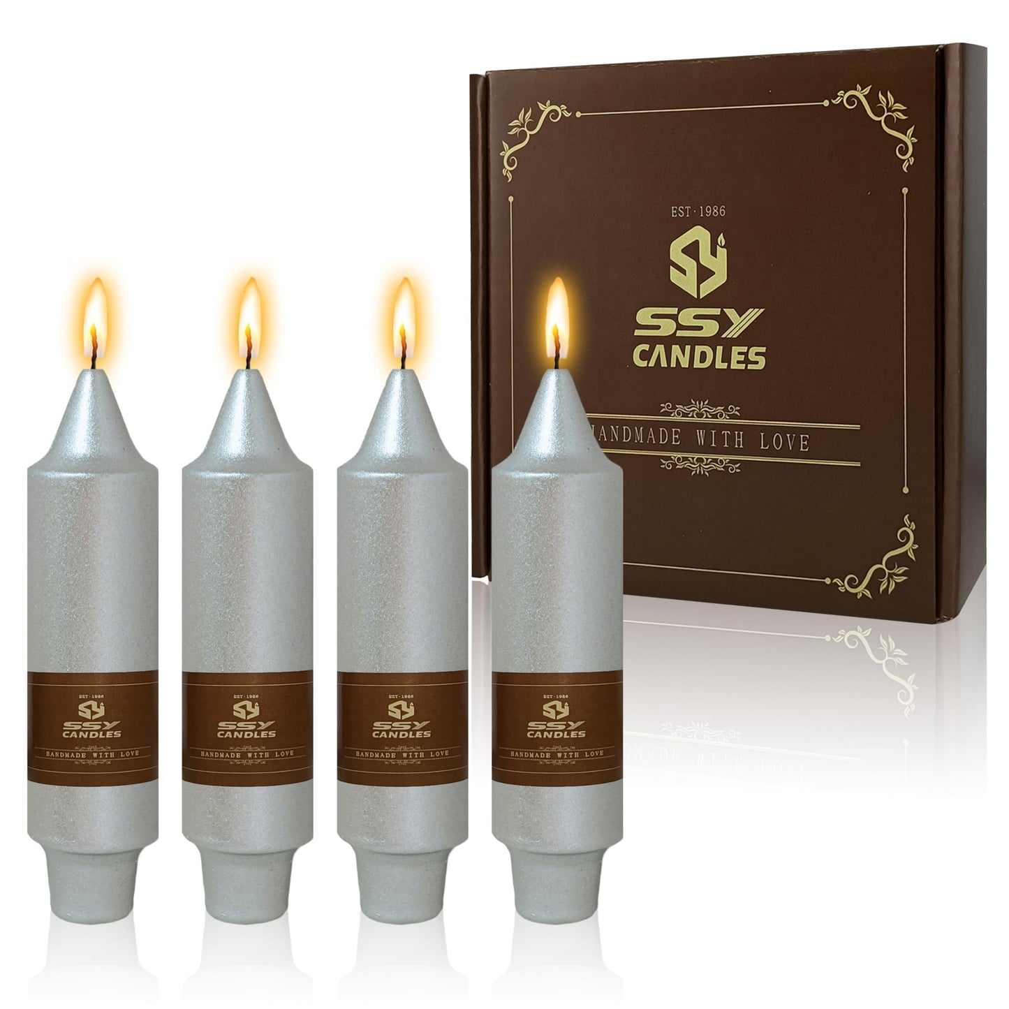 Christmas Metallic Silver Candle 5 Inch Short Smokeless Taper Candles 4 Pack Unscented Dinner Candle for Christmas Dinner