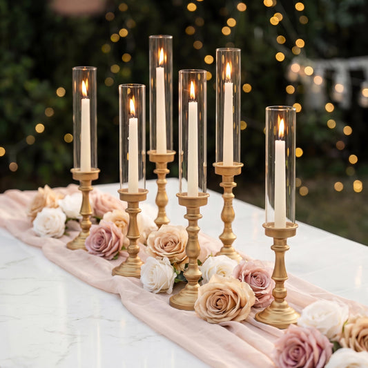 NUPTIO Gold Candlestick Holders Bulk: Set of 6 Tall Hurricane Glass Taper Candleholders - Vintage Candles Stick Stand for Wedding Bridal Shower Birthday Party Centerpiece Decor
