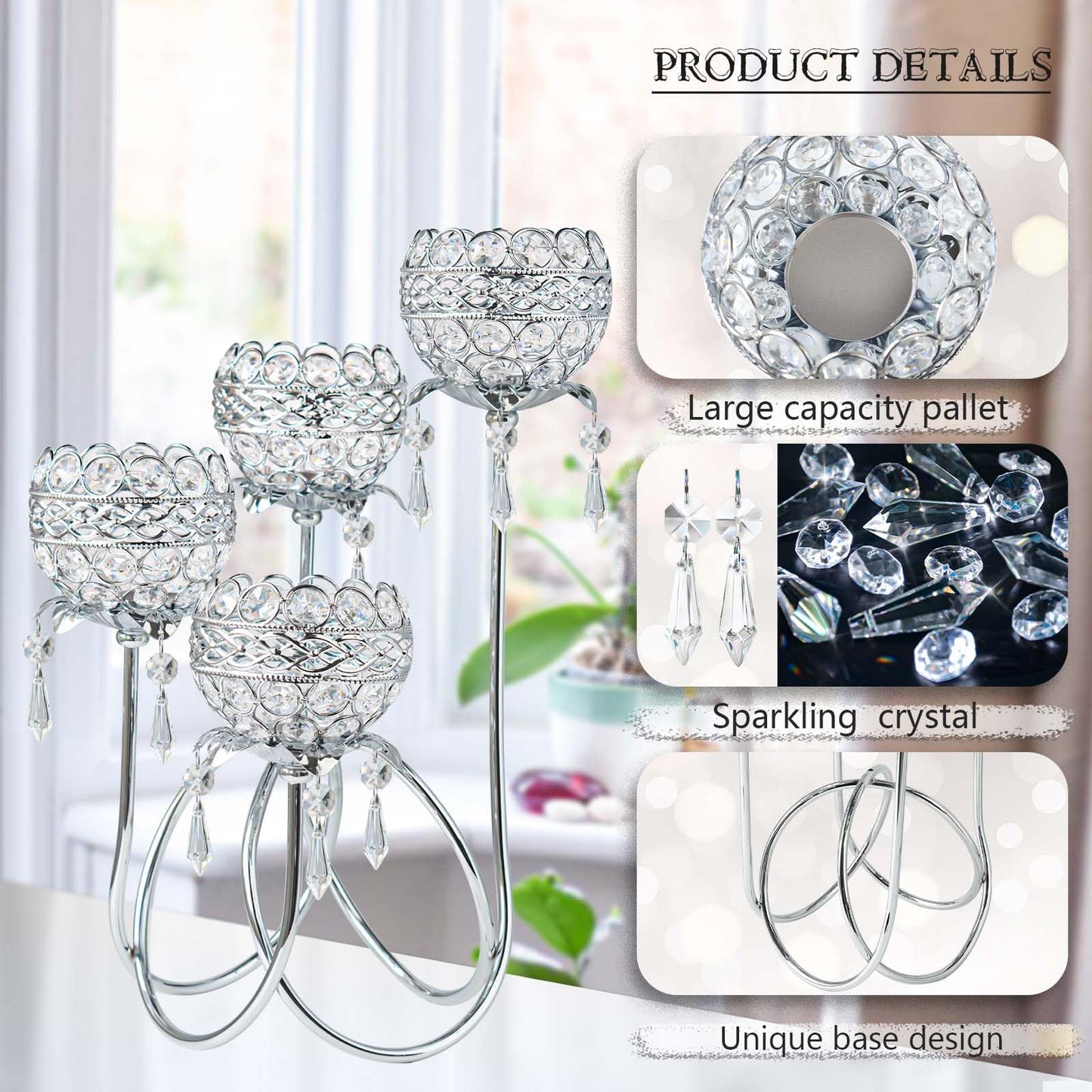 4 Arms Crystal Candelabra Tealight Holder - Tall 15.7 Inch Elegant Tabletop Centerpiece with Crystal Pendant Bowls & Artistic Metal Stand for Wedding, Dining Table, Home Decor (2, Silver)