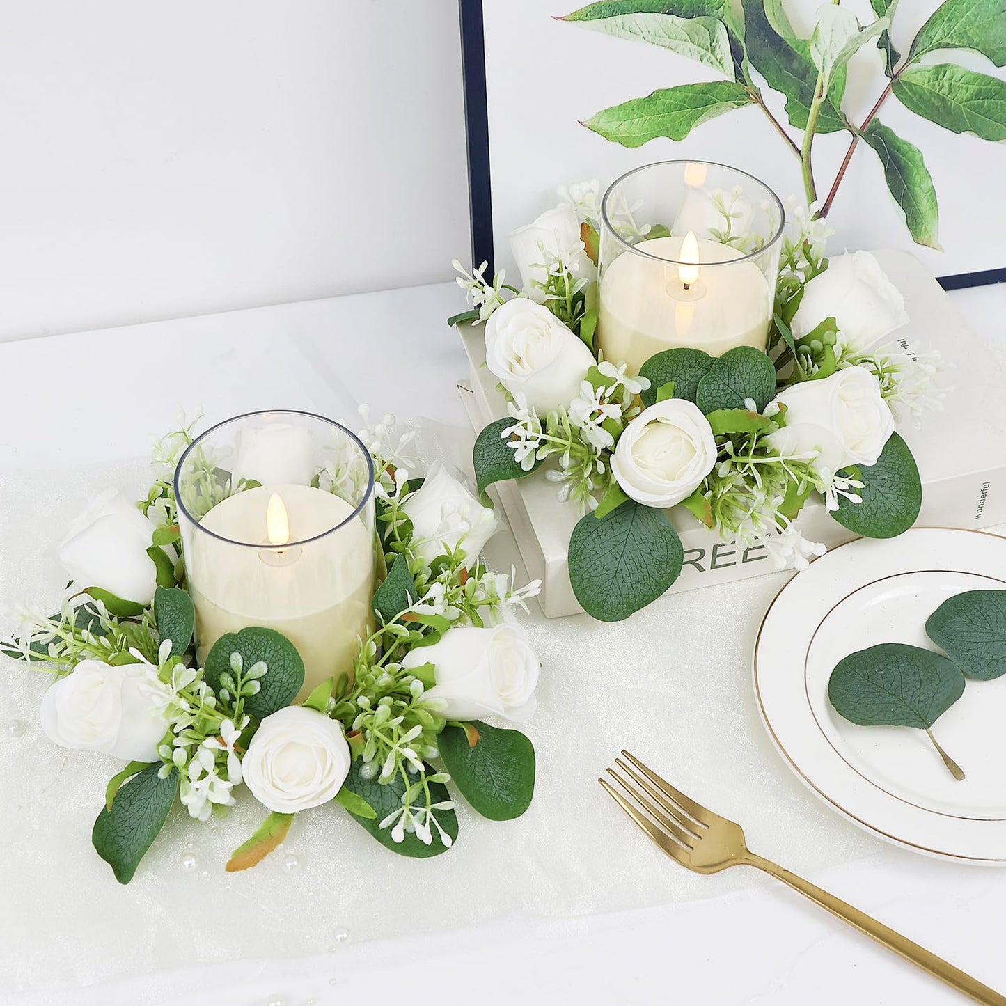 Acmee White Rose Candle Rings with Flameless Candles Sets - 12PCS Artificial Flower Eucalyptus Wedding Centerpiece 3 Inch Pillar Candleholders Wreaths for Wedding Party Decor (White - 6 Sets)