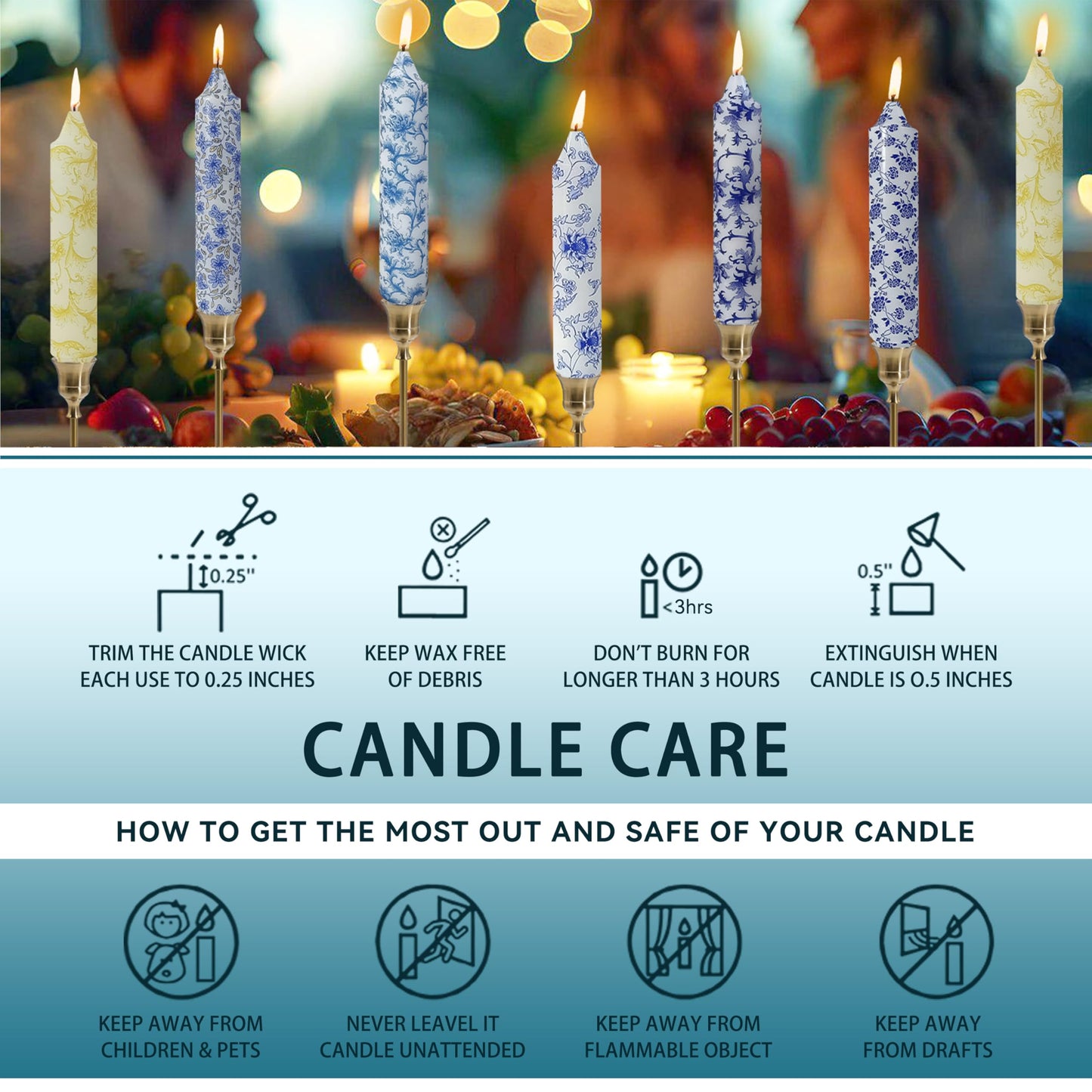 7 inch Short Candle Blue Quicksand Print Candle 4 Pack Handmade Unscented Taper Candles Printed Candlestick Smokeless Tapered Candles for Home Dinner Wedding Holiday