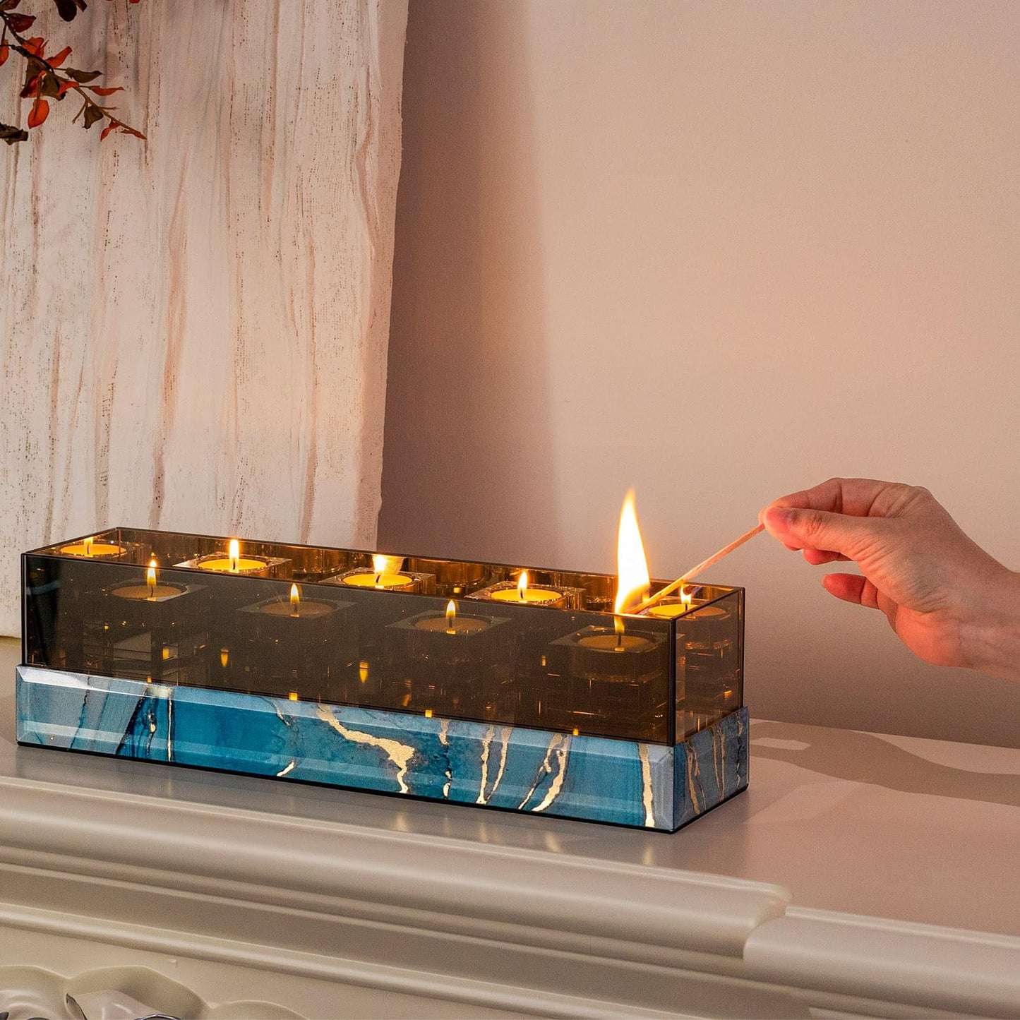 Timetrace Glass Candle Holder Rectangular 4 Candle Seat with Marble Pattern-Tealight and Votive Candles Holders Centerpiece Table Decorations for Home Décor, Dining Room, Kitchen, Patio (Blue)