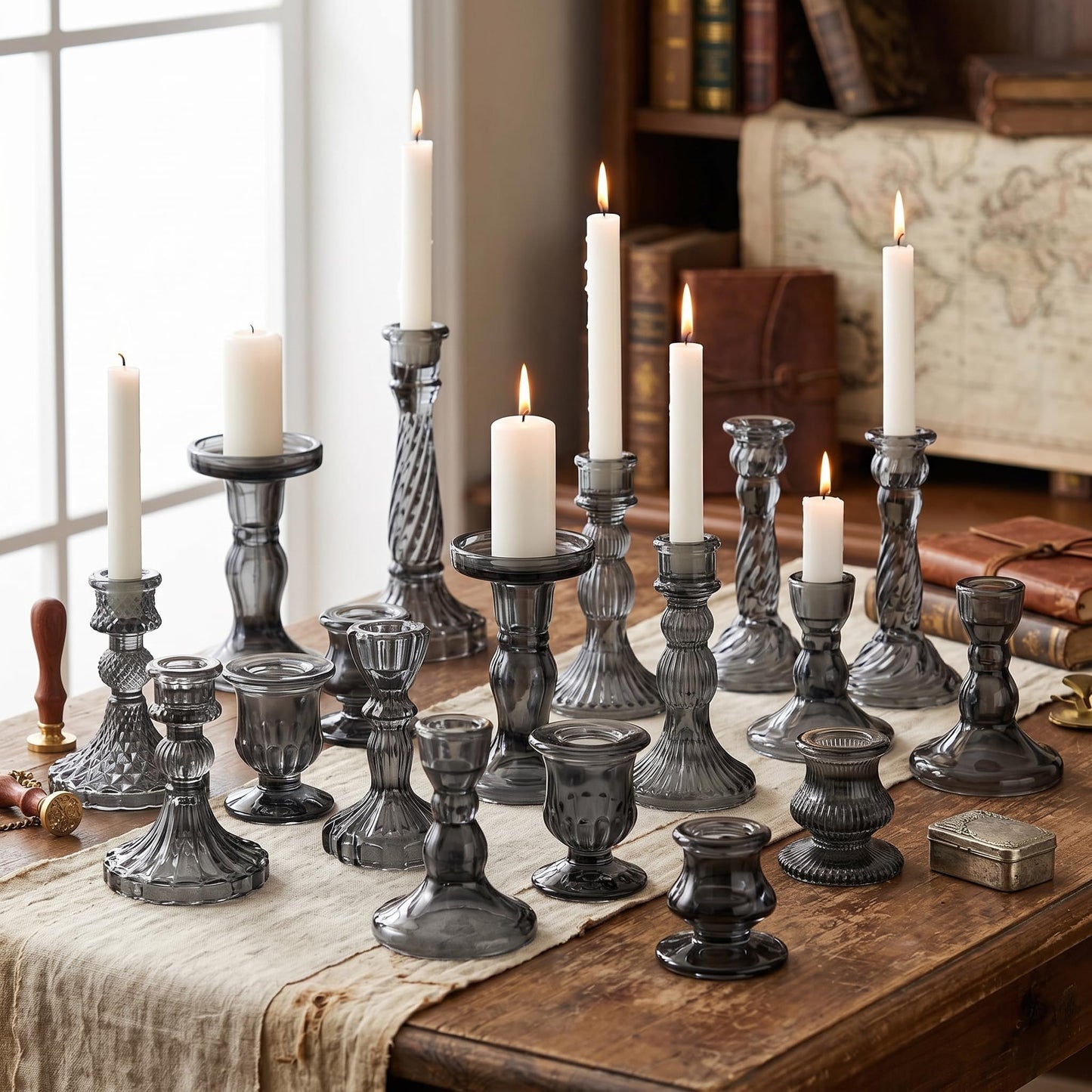 Mumufy 20 Pcs Glass Crystal Taper Candle Holders Clear Glass Candlestick Holder Fit 0.8 Inch Candles Crystal Decorative Candle Stand Centerpiece Table Wedding Dining Party (Black)