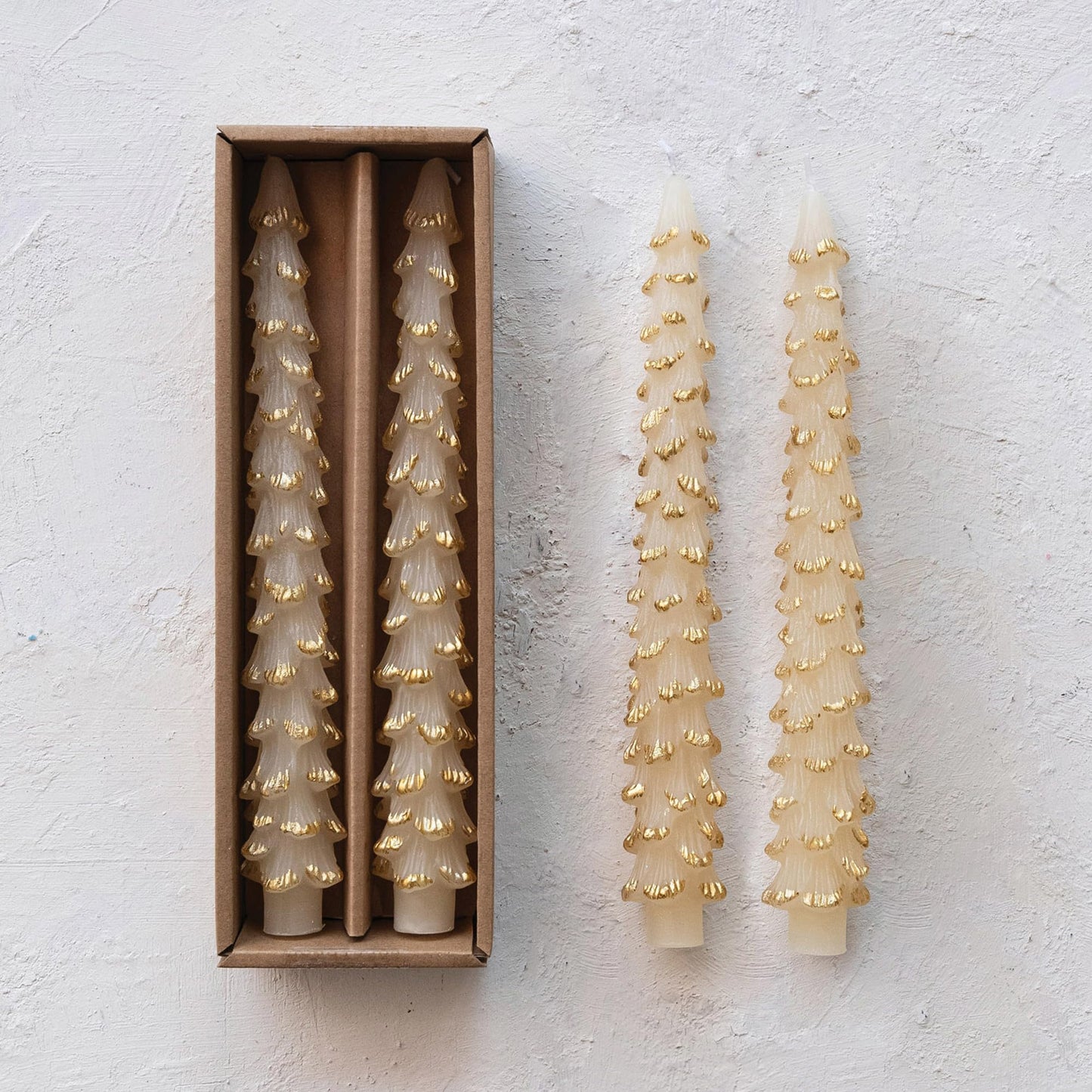 Creative Co-Op Golden-Tipped Elegance Tree Shaped Taper Candles, Eggnog Color, Set of 2