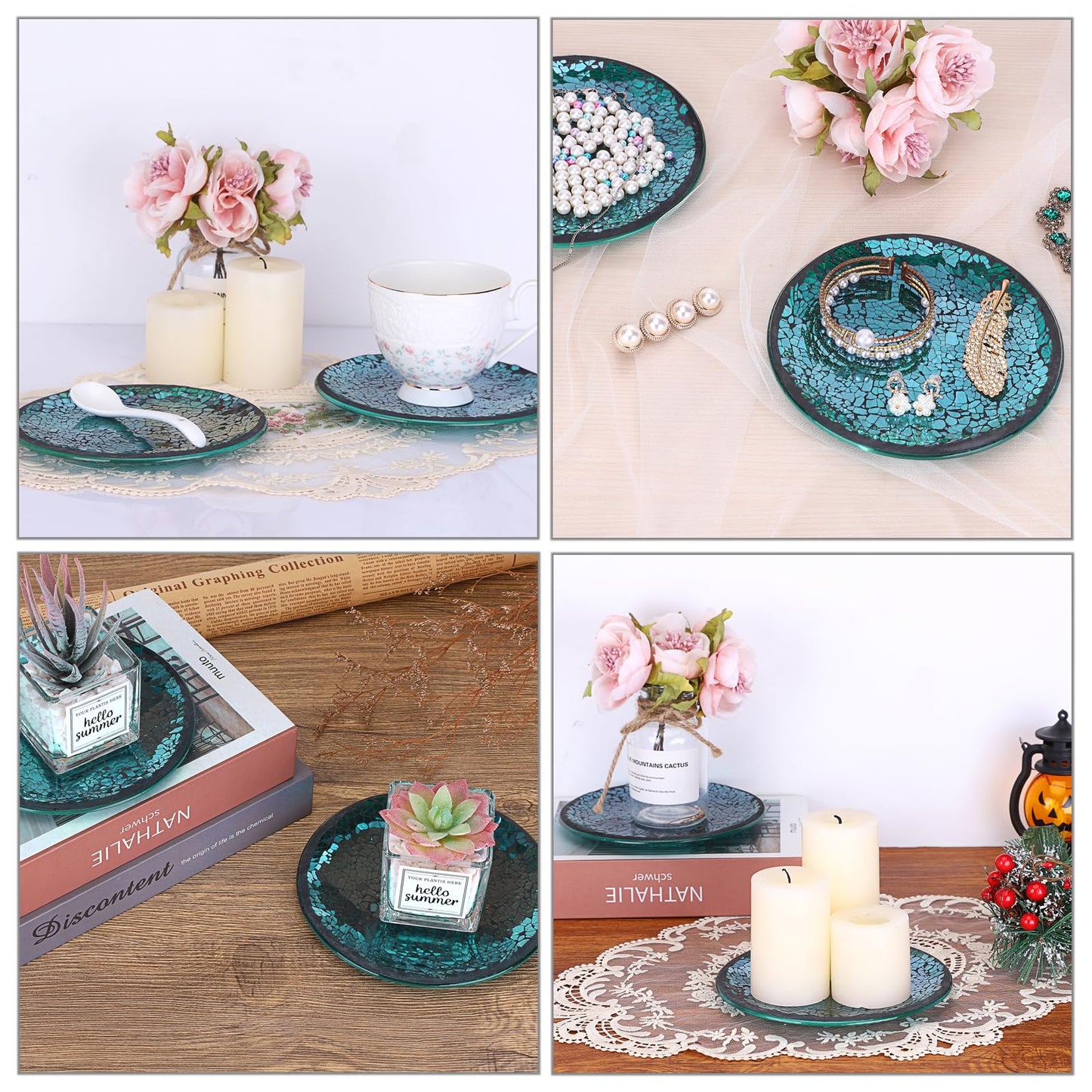 OwnMy 2PCS Mosaic Glass Candle Plates and Trays 6 Inch Pillar Candle Holders Plates, Glass Mosaic Candle Coasters Decorative Pillar Candle Stands Candle Bases for Wedding Table Centerpiececs, Blue