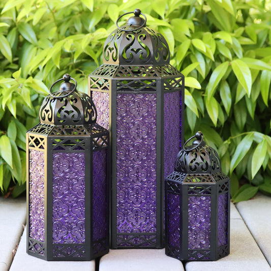 VELA LANTERNS Set of 3 Purple Glass & Black Metal Moroccan Candle Lantern Holders (XL, Large, Small) - Decorative Indoor/Outdoor Decor for Patio, Floor, Weddings & Ramadan