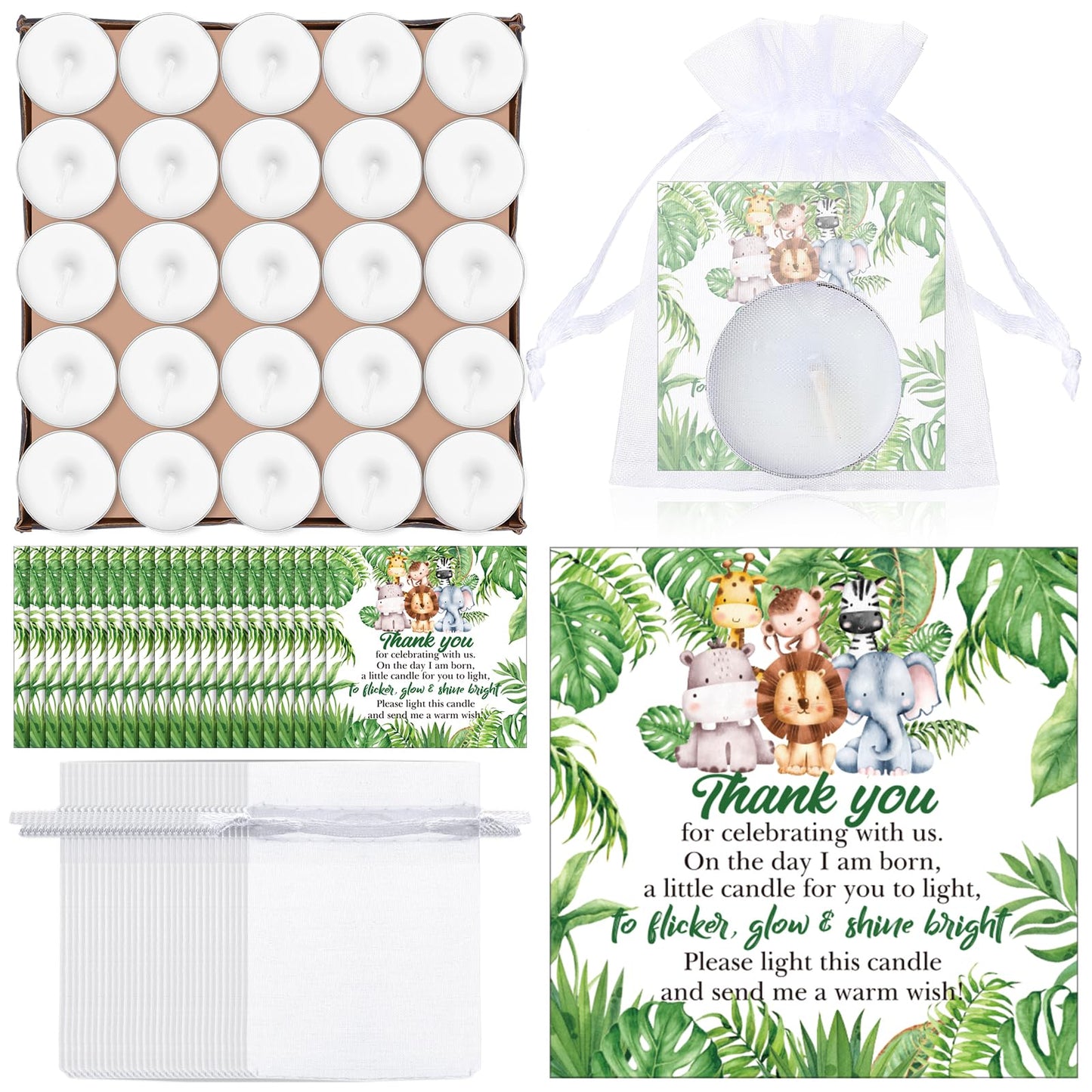 MTLEE 50 Sets Baby Shower Party Favors Candles Including 50 Pcs Tealight Candles Thank You Cards Baby Shower Bags for Guests Prizes Gender Reveal Party Decorations(White,Animals)