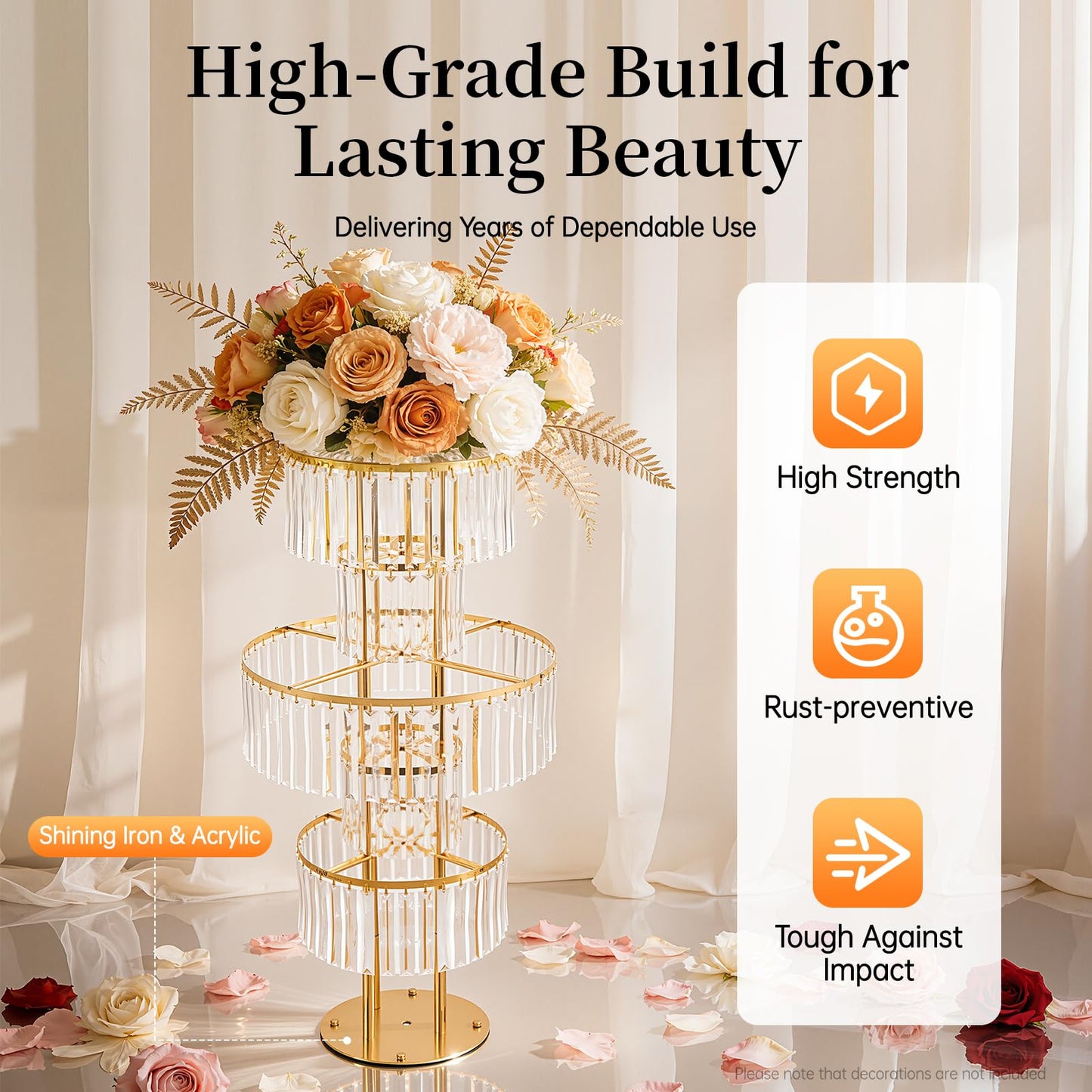 2 PCS Crystal Vases for Centerpieces, 43.3 in Tall Metal Pedestal Stands with Hanging Crystals for Table Chandelier Centerpiece, 5 Tiers Flower Stand for Wedding Reception Party (Gold, Round Base)