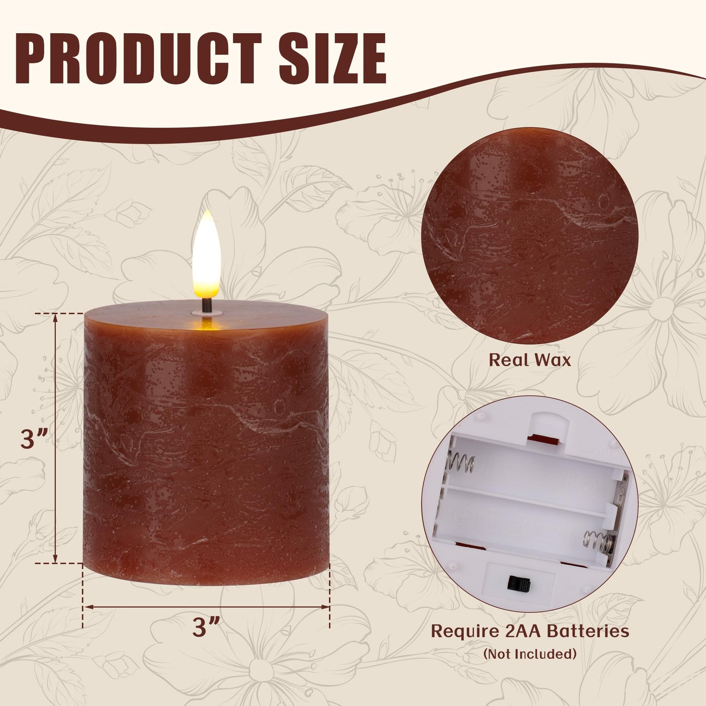 Brown Flameless Pillar Candles with Remote, Real Wax LED Candles Set of 3 (3x3Inch), 3D Flickering Flame, Battery Operated Candles with Timer for Home Decor, Table Centerpiece, Farmhouse Fall Decor
