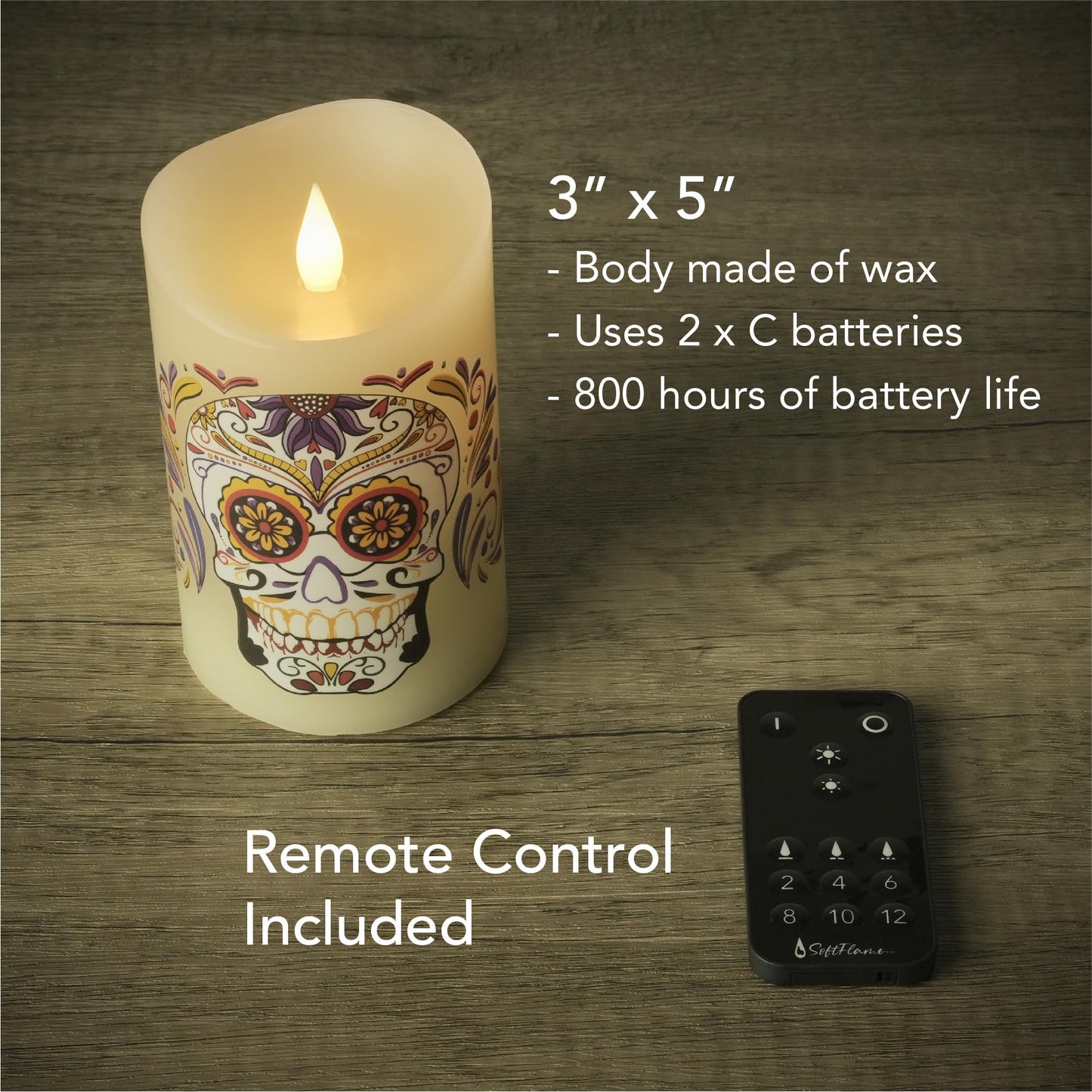 Softflame Halloween Flameless LED Candles with Remote Control, 3"x 5"Battery Operated Pillar Real Wax with Timer for Halloween Decorations, Sugar Skull Candle