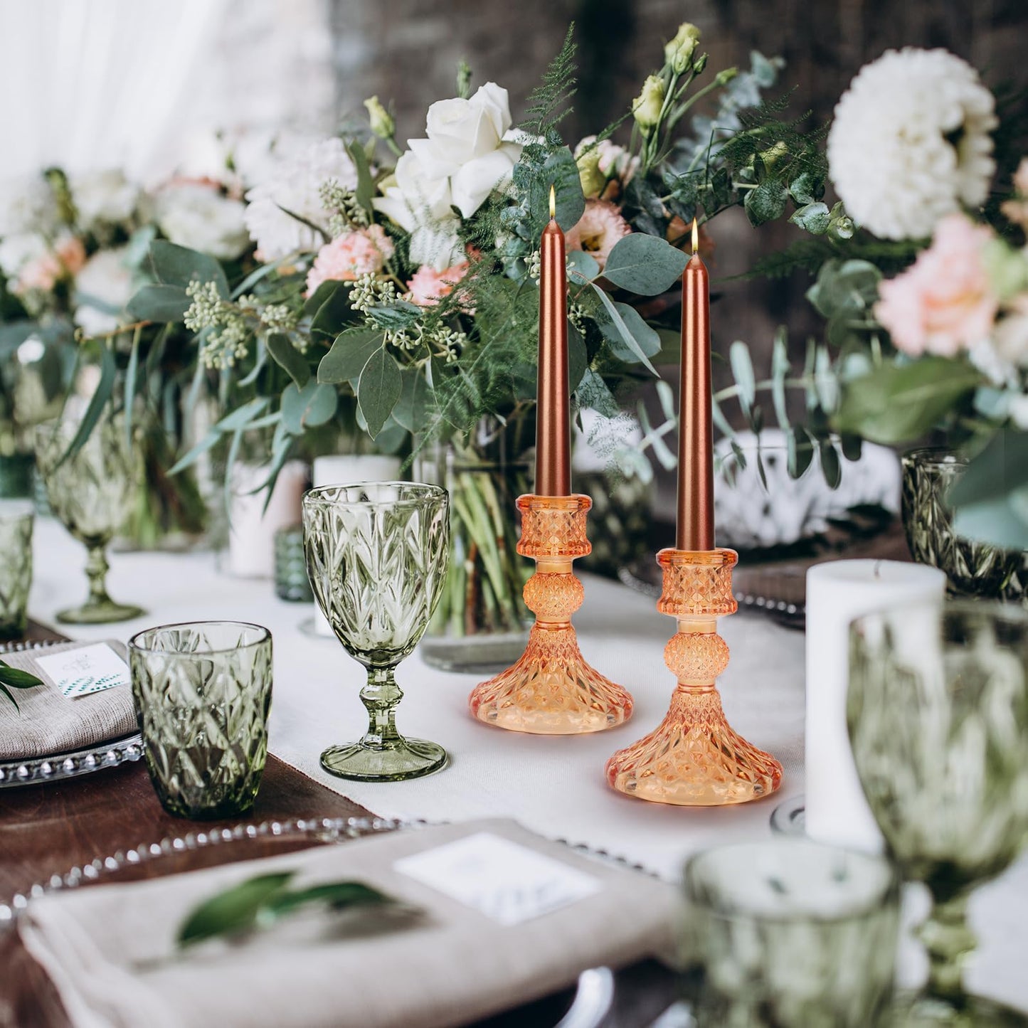 Glass Candle Holder, 2PCS Decorative Candle Sticks Pillar Candle Stand for Formal Events Wedding Party Table Centerpieces Home Decoration, Orange