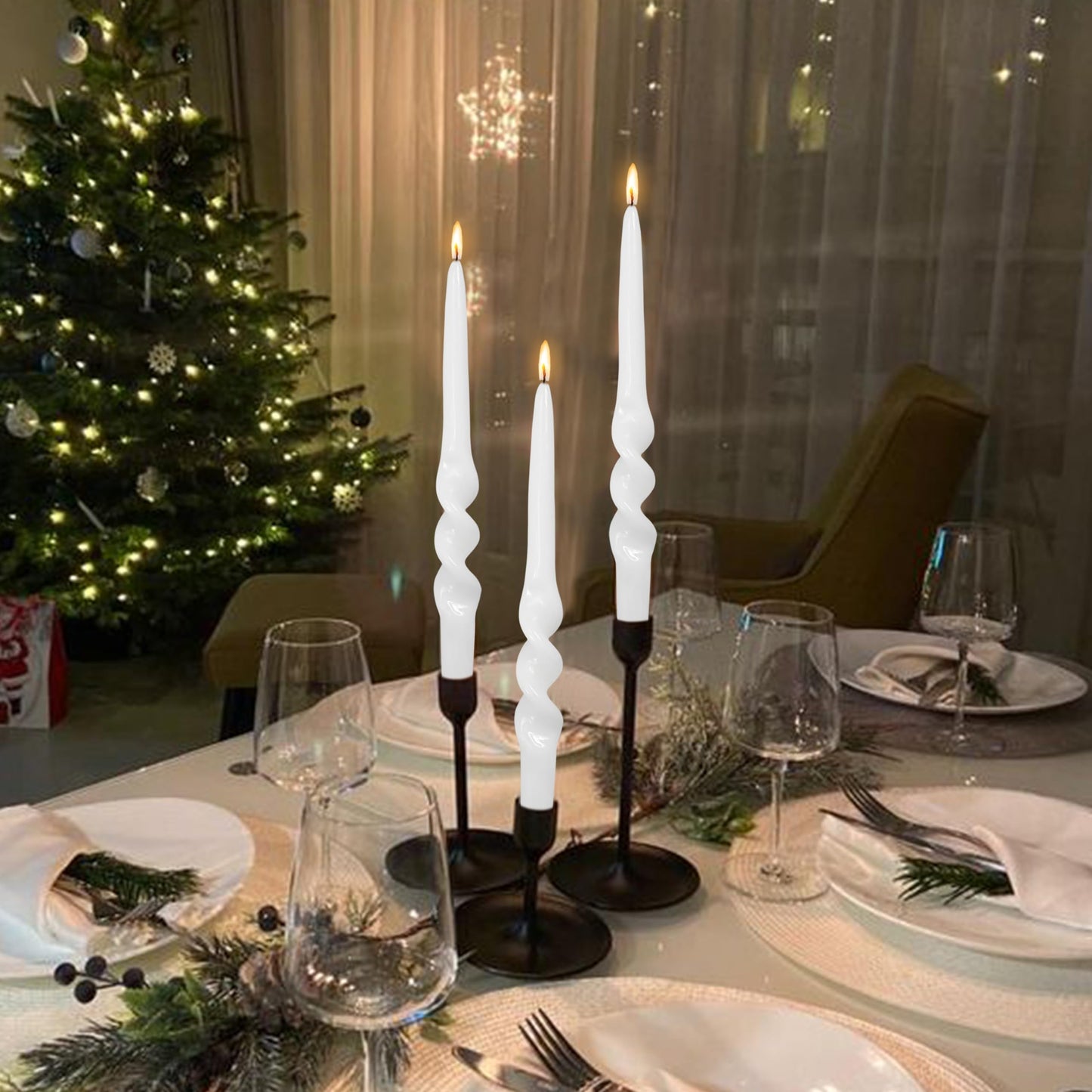 FLAMMUL White Taper Candles Candlesticks - Twisted Candlesticks 9.5 Inch Spiral Candle Sticks 4PCS Smokeless Tapered Candles for Home Decor Church Weddings