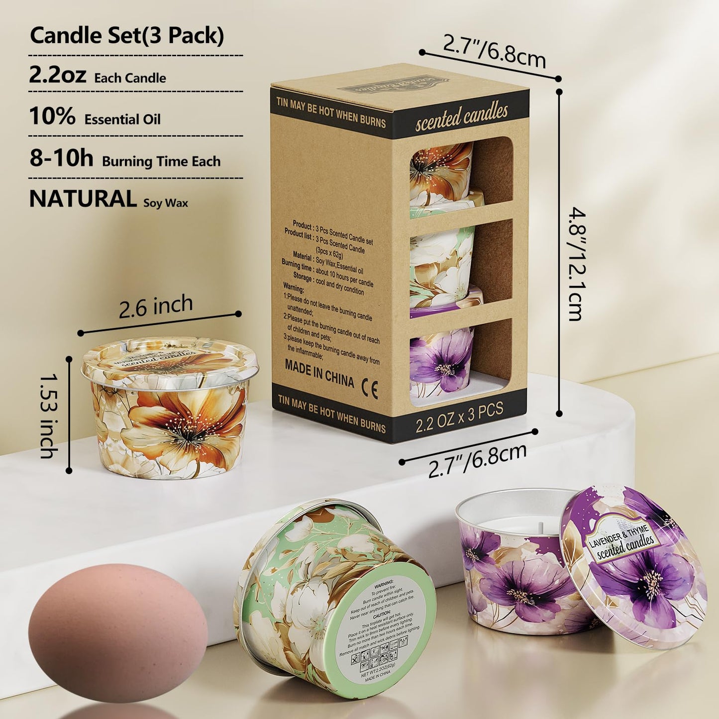 3 Pack Scented Candles-Lavender & Thyme, Vanilla Cake, Jasmine & Musk & Sandalwood, Travel Tin Candle Set, 2.2oz Each, 8-10h Burn Time, Soy Wax, Cotton Wick