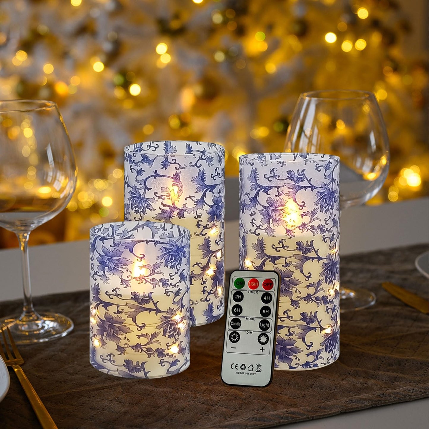 Flickering Flameless Candles Blue and White Porcelain Print, Embedded Star String Lights, Battery Operated Acrylic LED Pillar Candles with 11-Key Remote and Timer for Home Decoration, 3 Pack