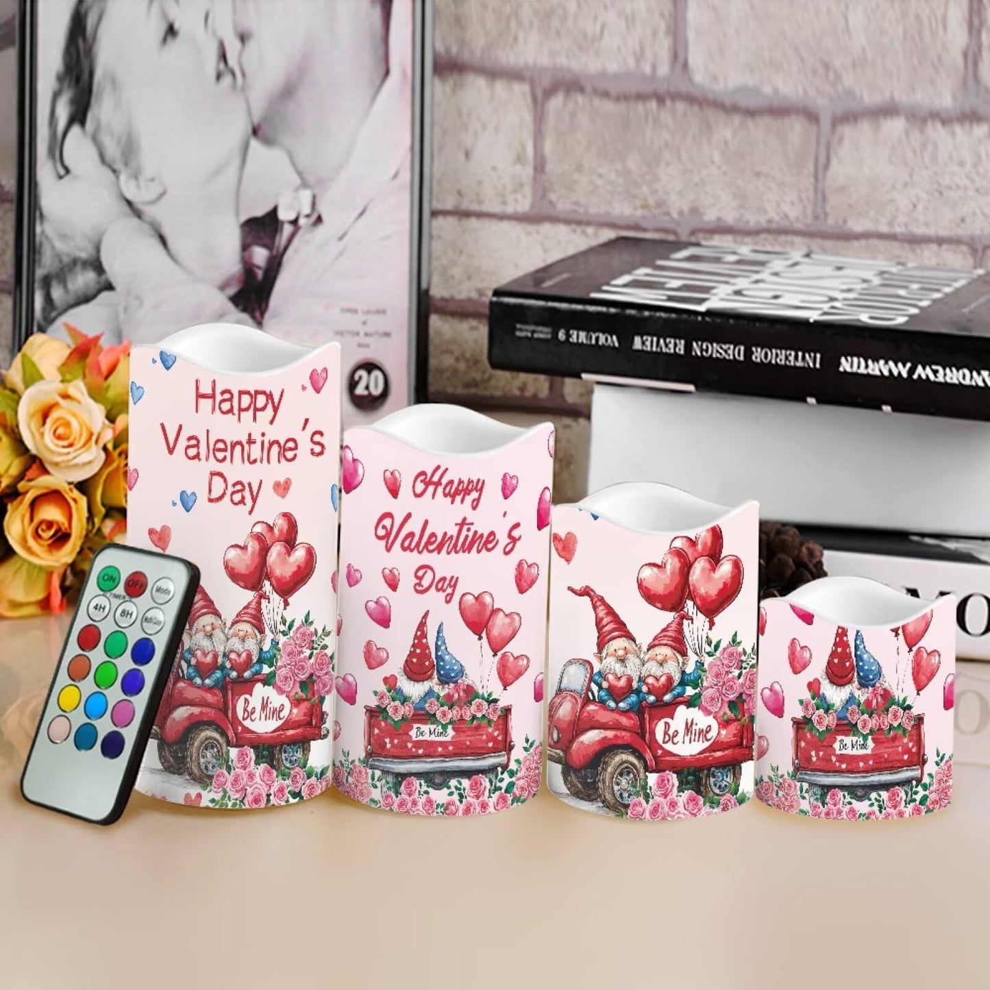 Uorisanigo Cute Gnome Rose Plastic Flameless Candles with Remote Control and Timer American Flag LED Flickering Battery Electric Pillar Candles for Home Valentine's Day Decoration