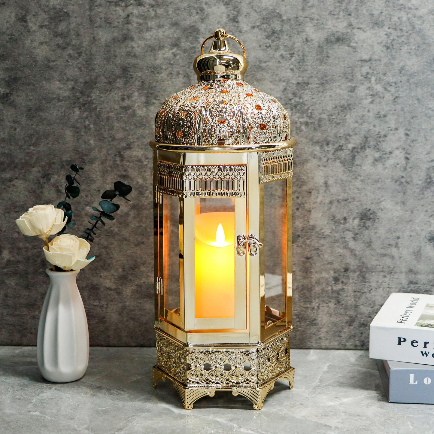 TRIROCKS Moroccan Candle Lantern16'' Gold Hexagonal Candle Holder with Tempered Glass Decorative Indoor Outdoor Ramadan Lantern for Living Room Garden Yard Patio Parties Events (Gold)