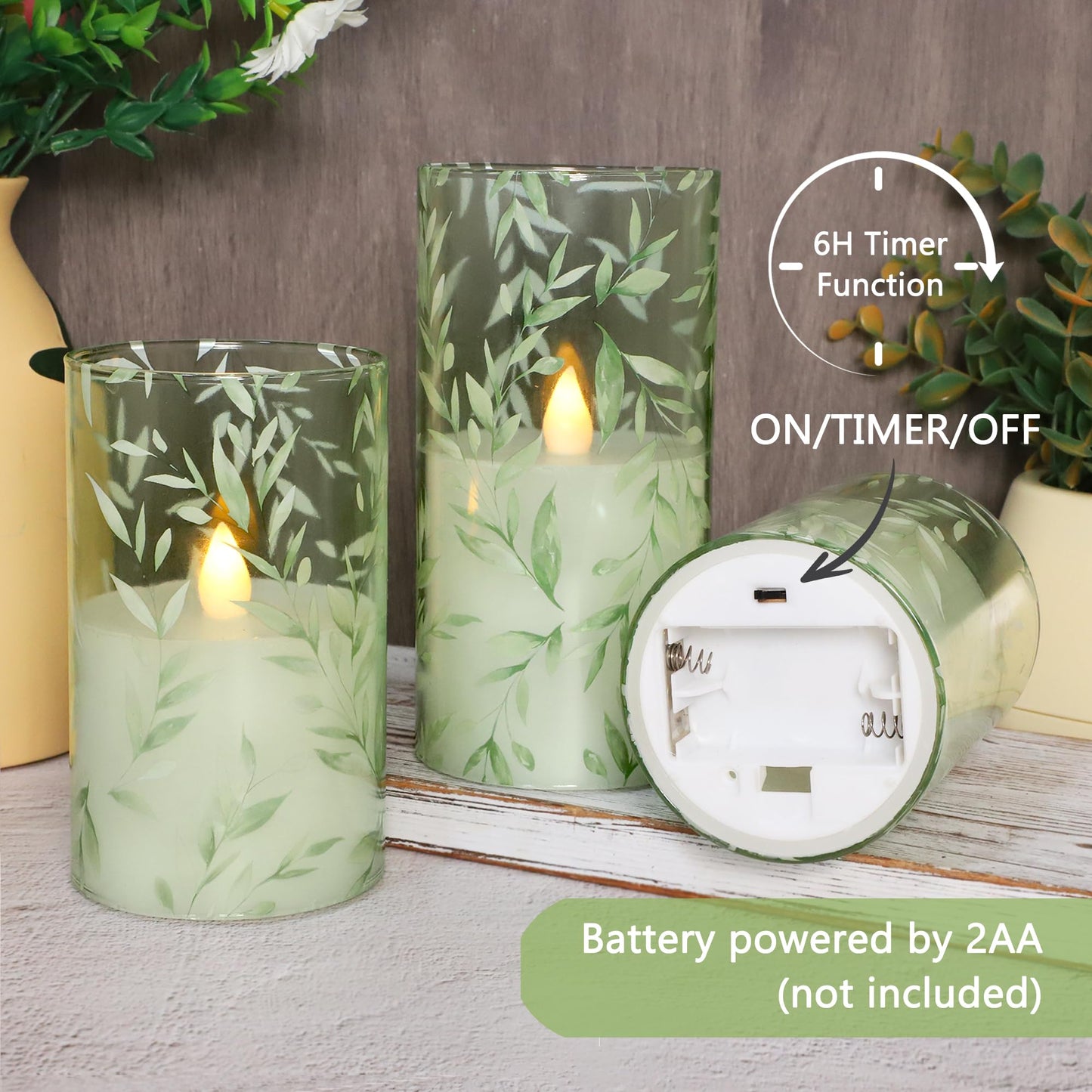 Immeiscent Glass Flameless Candles Green Decor Willow Leaves Vines Greenery Battery Operated LED Pillar Candles for Elegant Home Botanical Decor Special Occasions, Set of 3