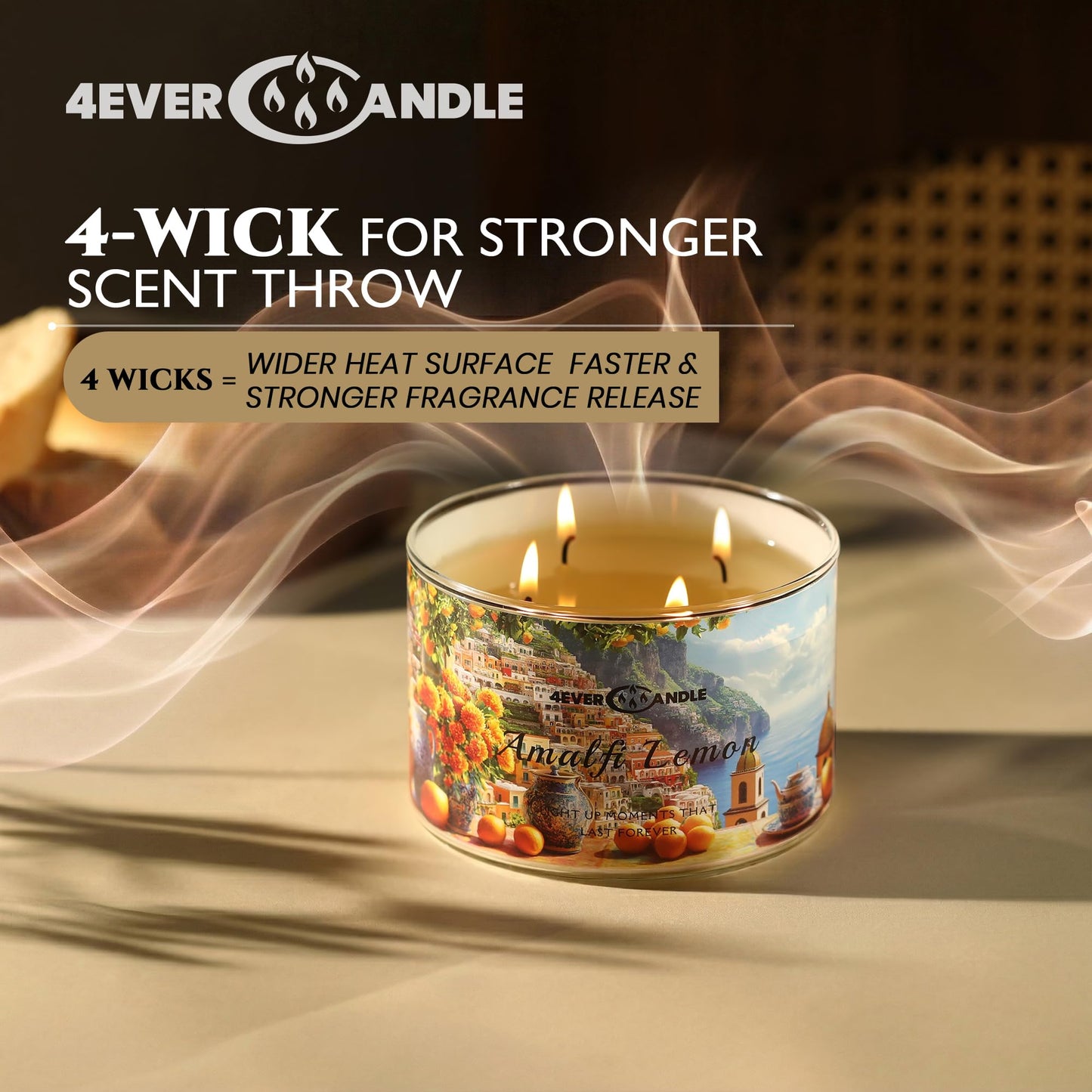 4EVER Scented Candles | 4-Wick 18oz Soy Wax Candle | Up to 50Hrs Clean Burn | Aromatherapy Candles for Home Scented | Gifts for Women & Mom, Amalfi Lemon