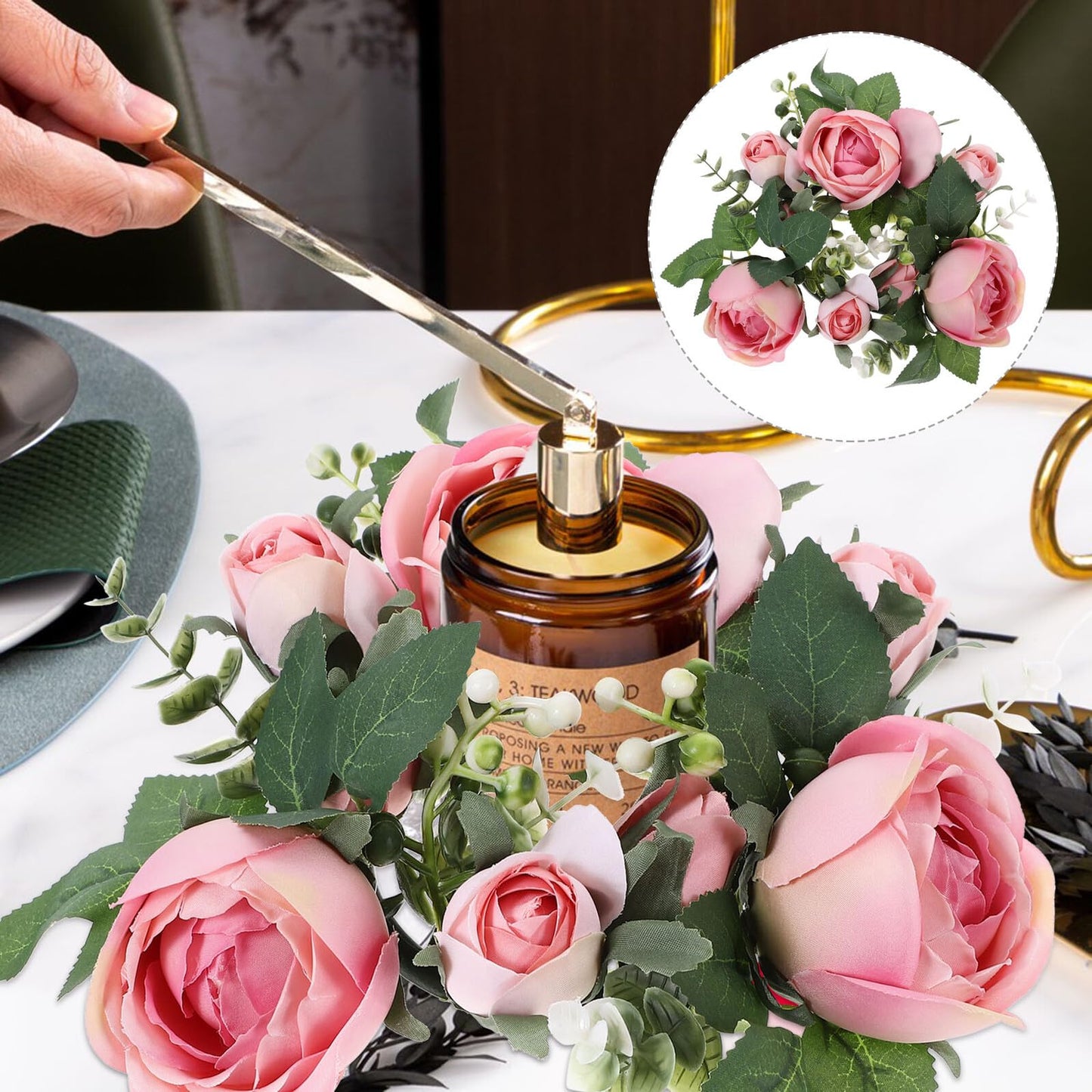 BEBEMOKO Artificial Rose Candle Ring Wreath Floral Table Centerpiece, Light Pink Faux Flower Candle Decor for Wedding, Valentine’s Day Party and Home Decoration