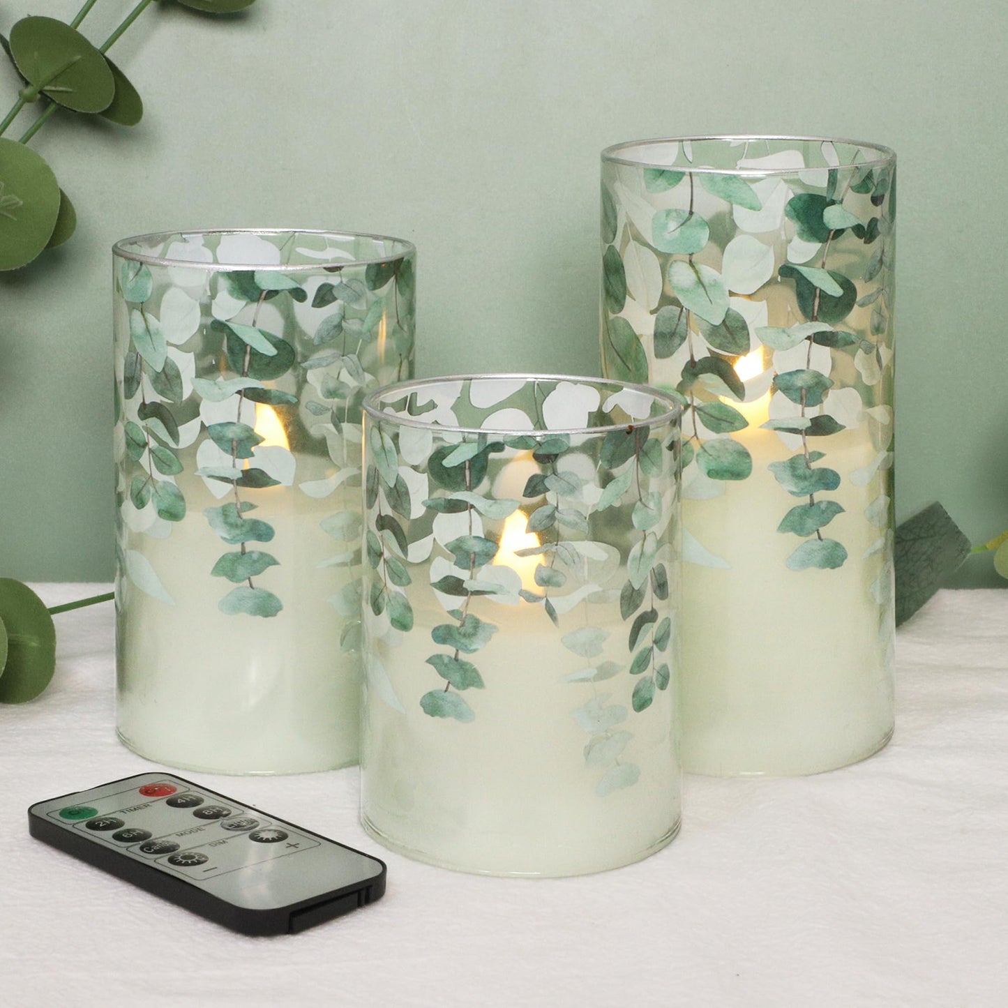 Immeiscent Green Glass Flameless Candles Remote Timer Eucalyptus Leaves Greenery Design Battery Operated Flicker Pillar Candle for Wedding Centerpiece Spring Easter Farmhouse Home Decoration, Set of 3