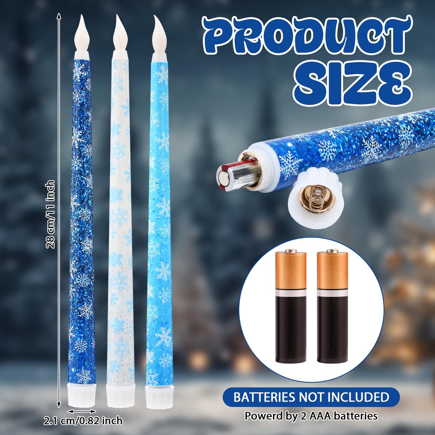 Kittmip 6 Pcs Snowflakes Wonderland Flameless Taper Candles 11 Inch Winter Battery Operated LED Candles Blue White Table Centerpiece for Christmas Xmas Holiday Party Decor