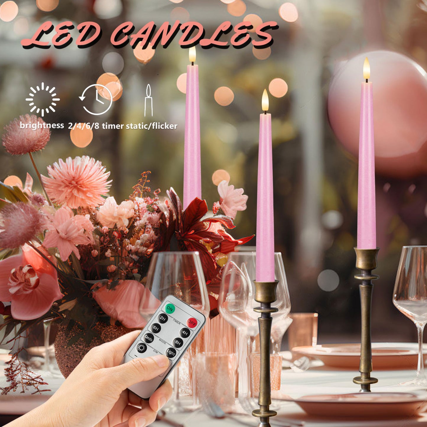 AFINETH Pink Flameless Taper Candles, 9.6" Battery Operated Candles with Remote, Real Wax Led Candle, Flickering Flameless Candlesticks for Home Party Wedding Romantic Night Decor