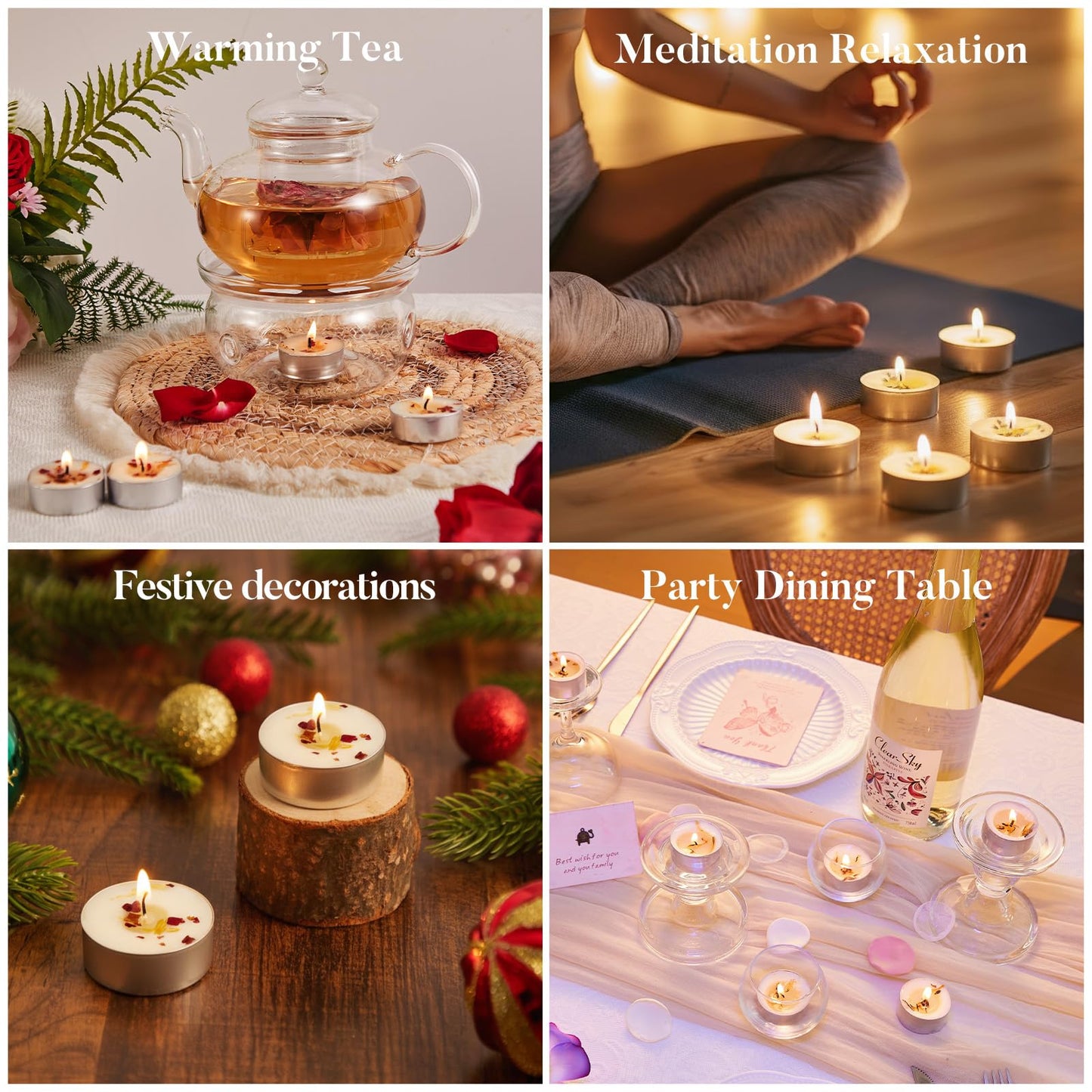 16 Pack Rose Tealight Candles with Real Dried Petals, Natural Soy Wax, 6-Hour Burn Time for Home, Wedding or Bath Decor