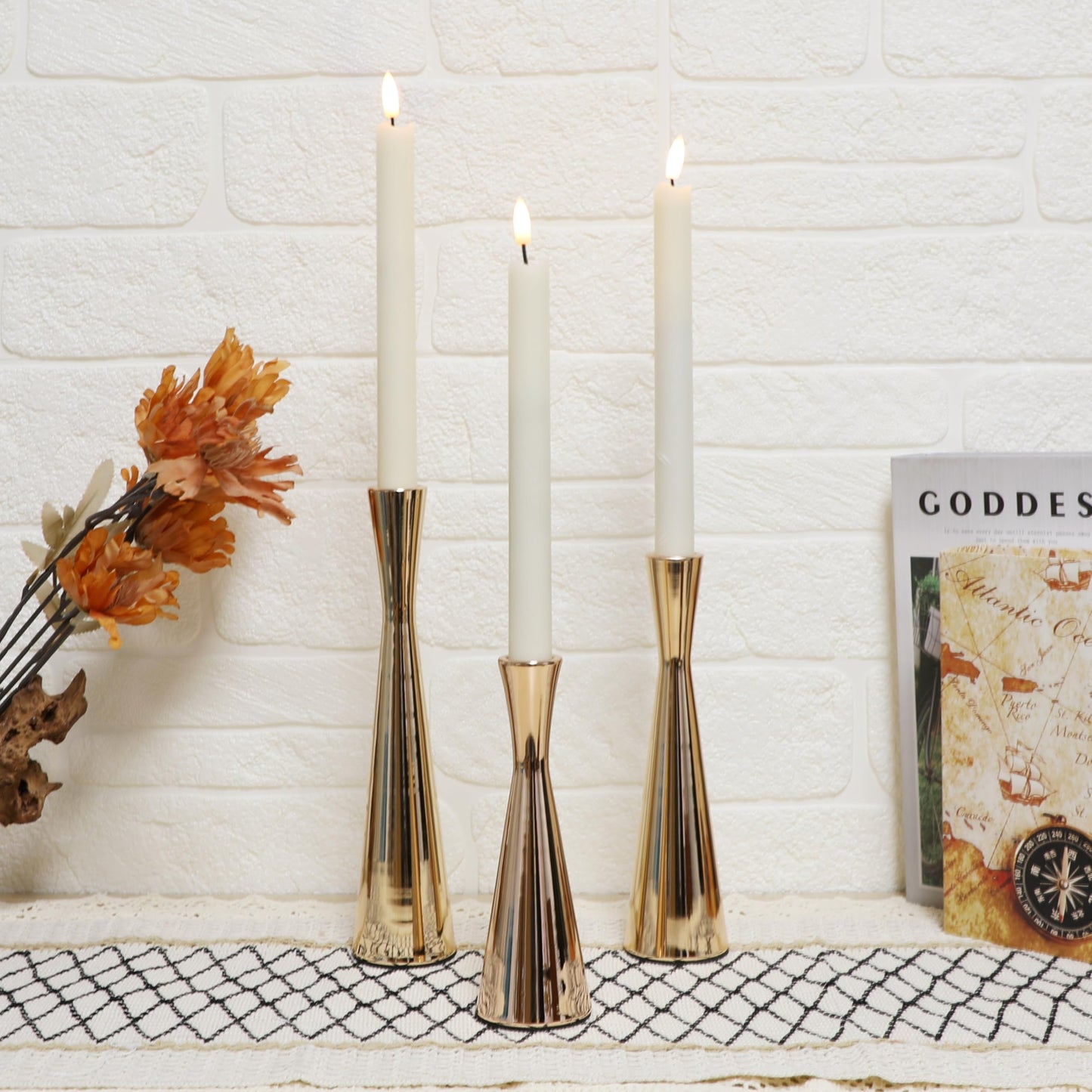 Taper Candle Holders Metal Candlestick Holders Set of 3 Table Mantel Decorative Candle Stand for Dinning,Party，Wedding,Home Decor(Gold)