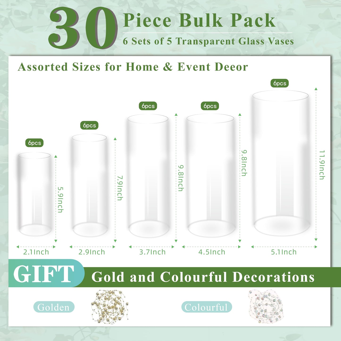 Zomiol 30pcs Glass Cylinder Vase for Centerpieces, 6,8,10,10,12 inch Tall Big Clear Flower Vase Bulk Floating Candle Holder for Wedding Table Home Décor and Party