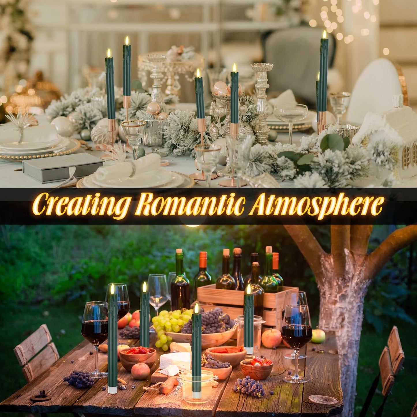 Macarrie 24 Pcs Green Flameless Taper Candles LED Battery Operated 6.5'', 7.7'', 8.8'', 10'' 3D Flickering Flame Candlesticks Drip Wax Shaped Candles for Wedding Birthday Party Decor