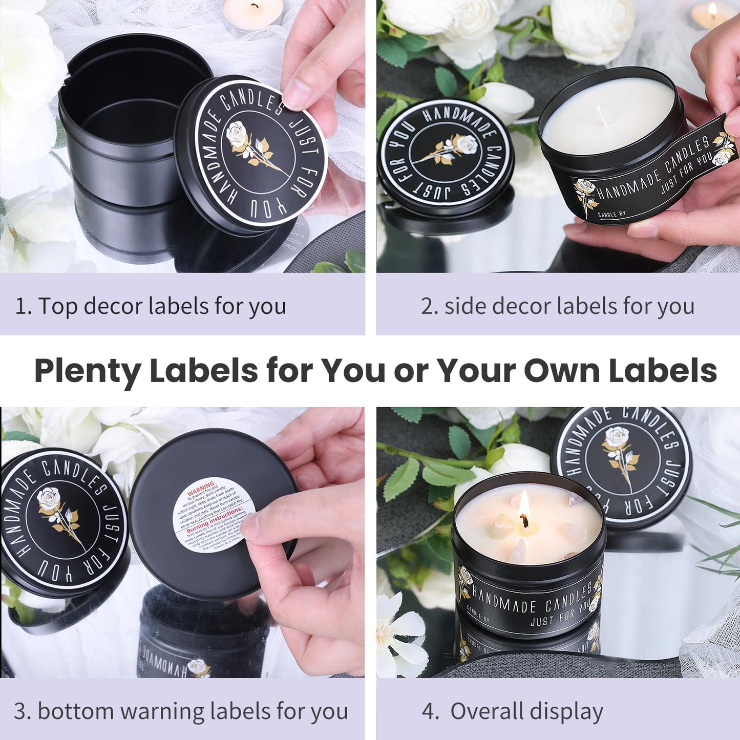 CONNOO 48 Pack Candle Tins - 24pcs 8oz + 24pcs 4oz Matte Black Jars with Lids for Making Candles, Bulk Empty Containers with Sticky Warning Labels for Candle Making, Storage, and Gift