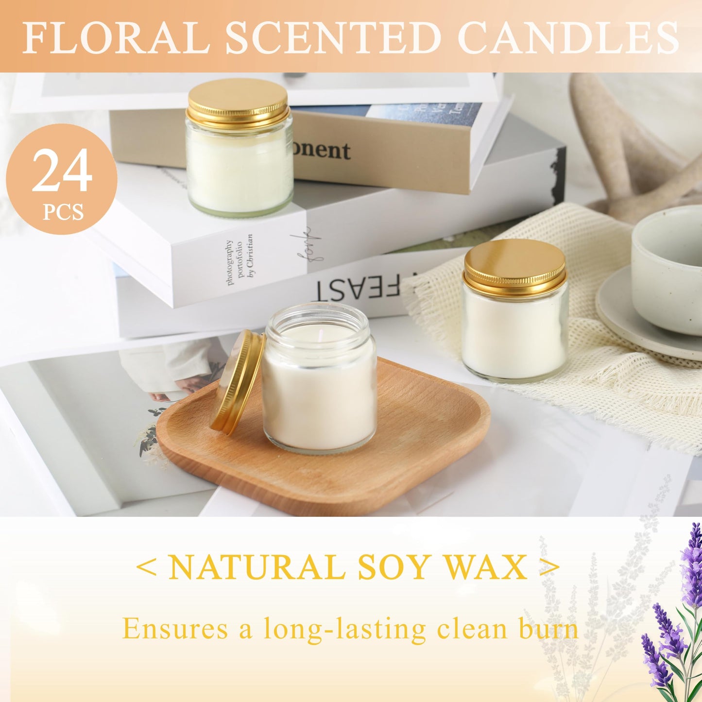 ACITHGL 24 Pcs 4oz Mini Mason Jar Candles Small Lavender Scented Candles Bulk Aromatherapy Ideal Souvenir Favors for Wedding Birthday Party (Gold, 24)