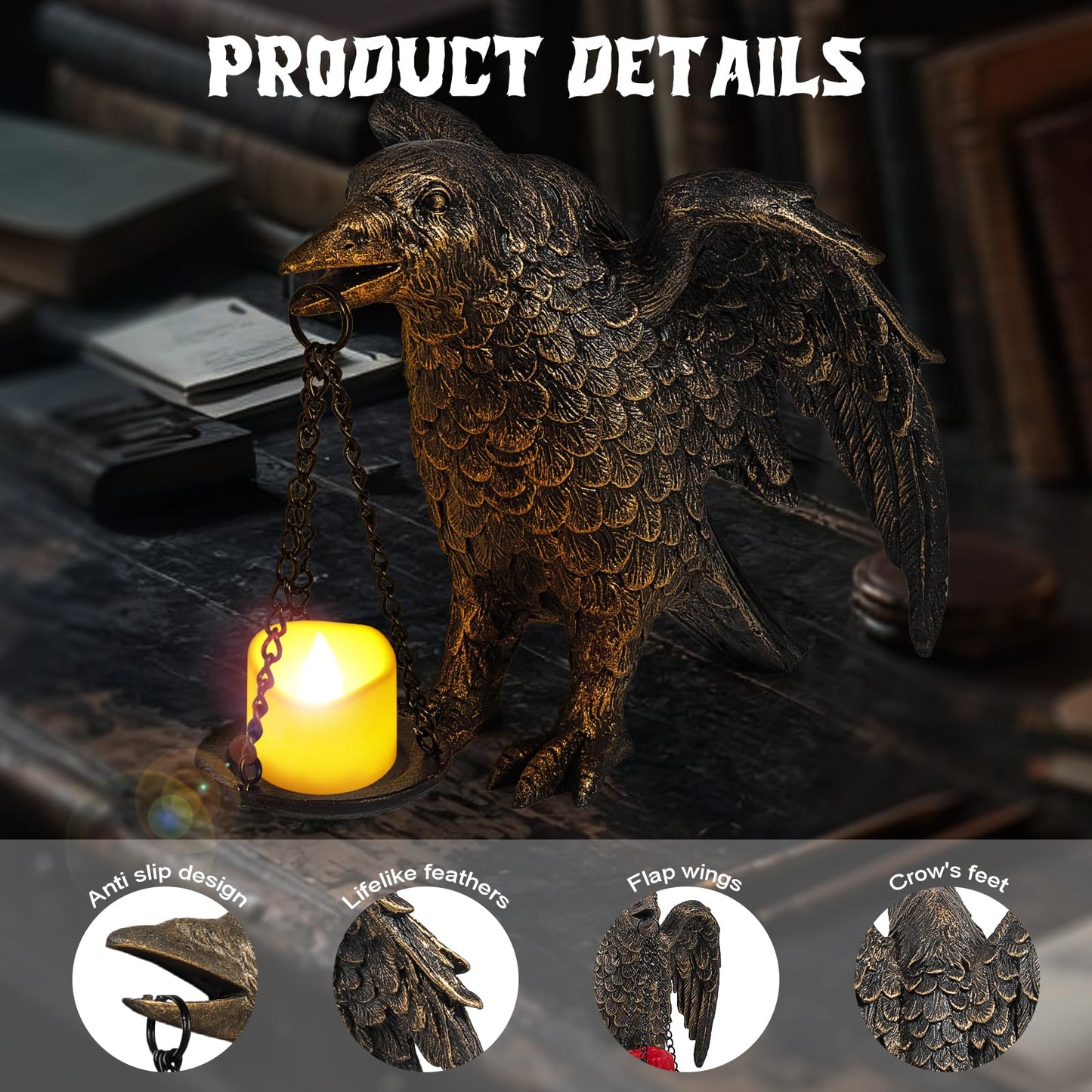 Halloween Decorations Spread Wings Raven Candle Holder Outdoor Garden Statue for Patio Decor Gothic Home Decor Half Gold
