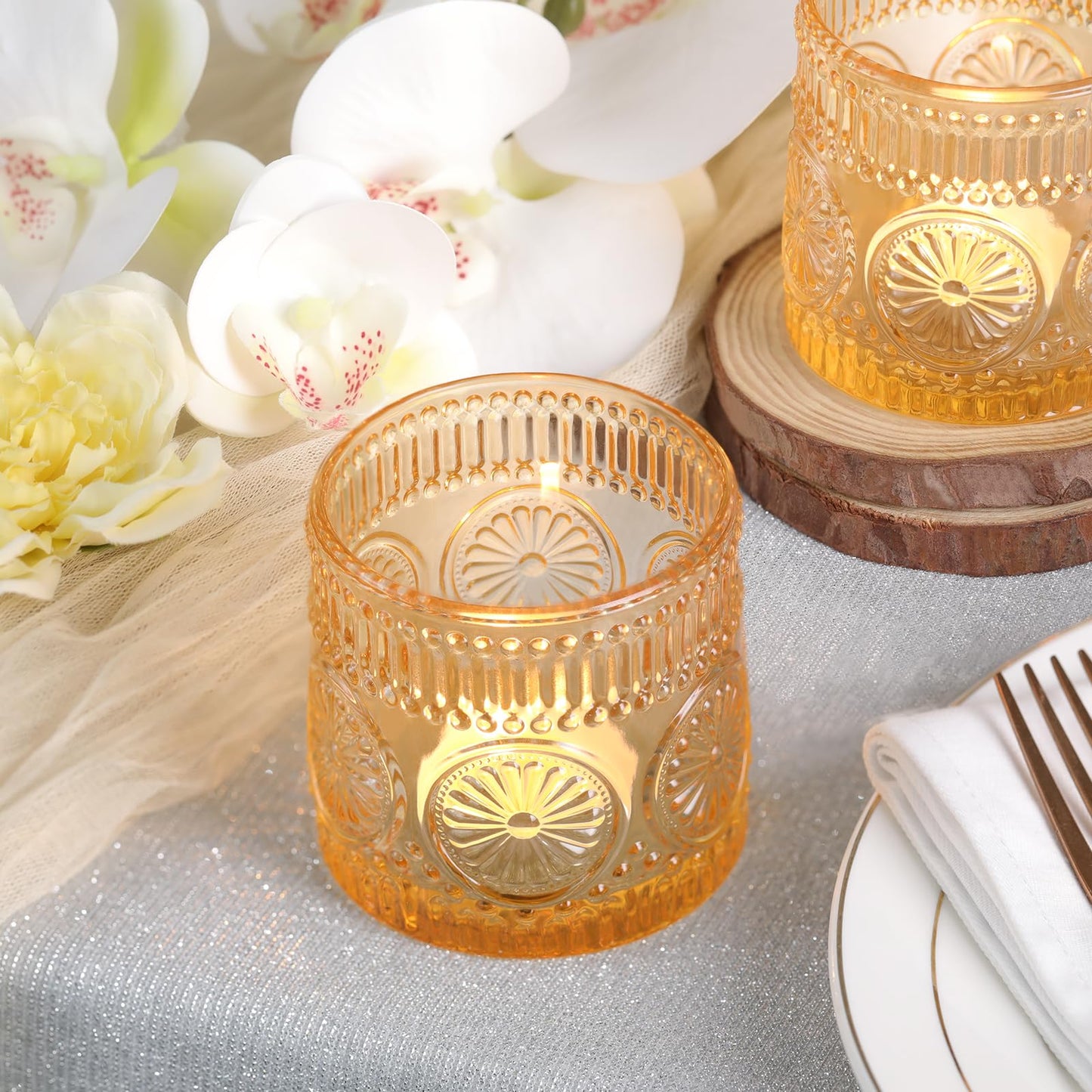 Sunnyfuture 6Pcs Large Votive Candle Holders Orange Glass Tealight Candle Holders for Wedding, Table Centerpiece, Party, Birthday, Home Decor