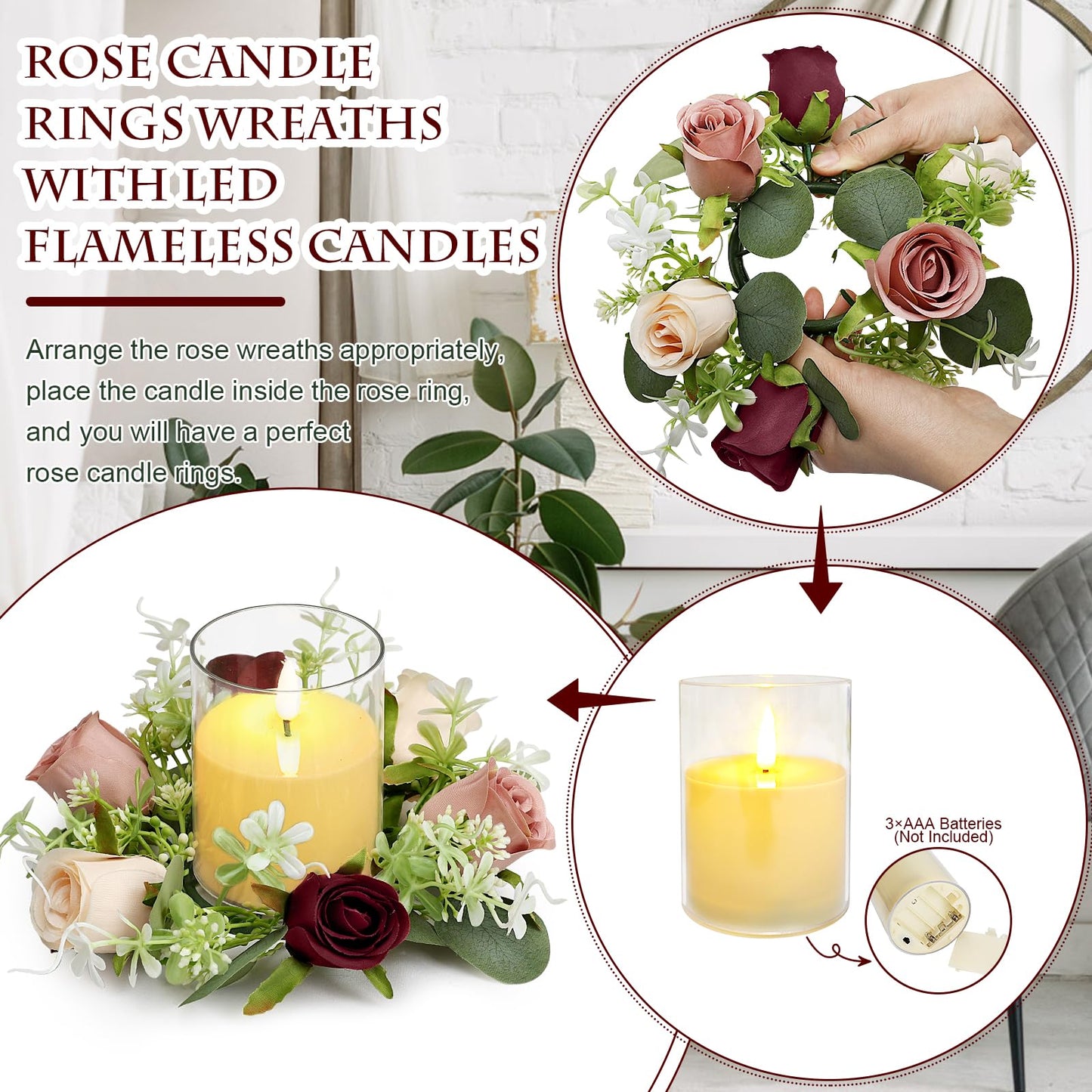 Tobilu 6 Sets Rose Candle Rings Wreaths - Artificial Flowers Rings with Green Leaves LED Flameless Candles for Centerpiece Wedding Home Banquet Party Decor, Burgundy Pink Champagne