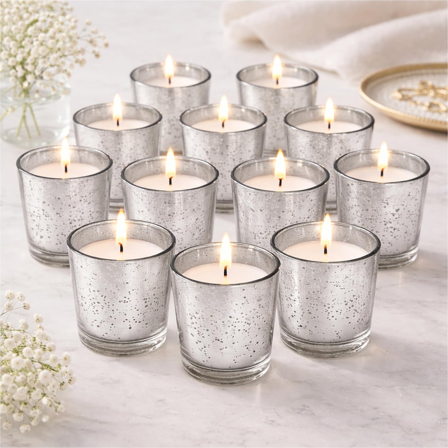 Hosley Set of 24 Silver Mercury Filled Glass Votive Candles. Ideal Gift for Weddings, Bridal Showers, Parties, Home Decor, and Special Events
