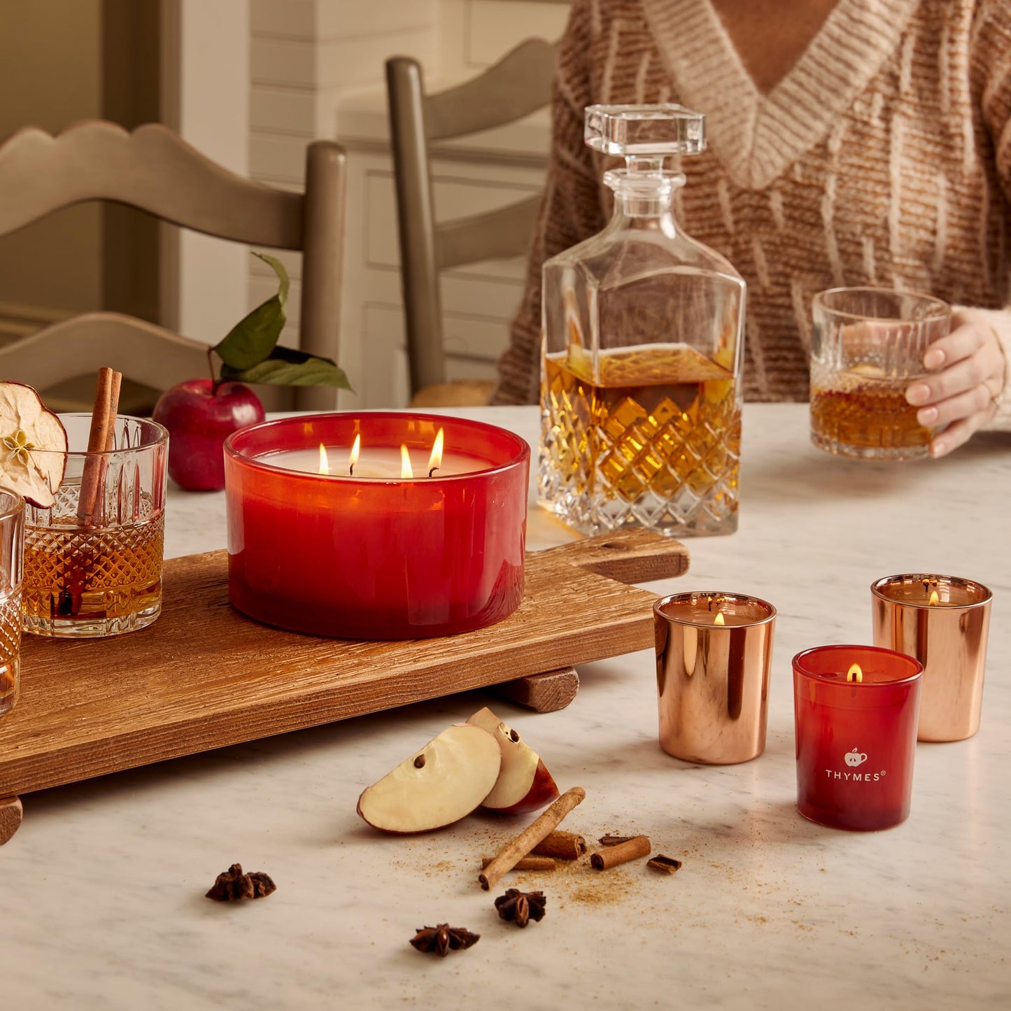Thymes Aromatic Votive Trio – Set of Three Votive Candles – Luxury Home Fragrance – Scented Candles with Notes of Freshly Pressed Apple, Clove, & Cardamom – Red & Rose Gold (Simmered Cider, 2 oz Each)