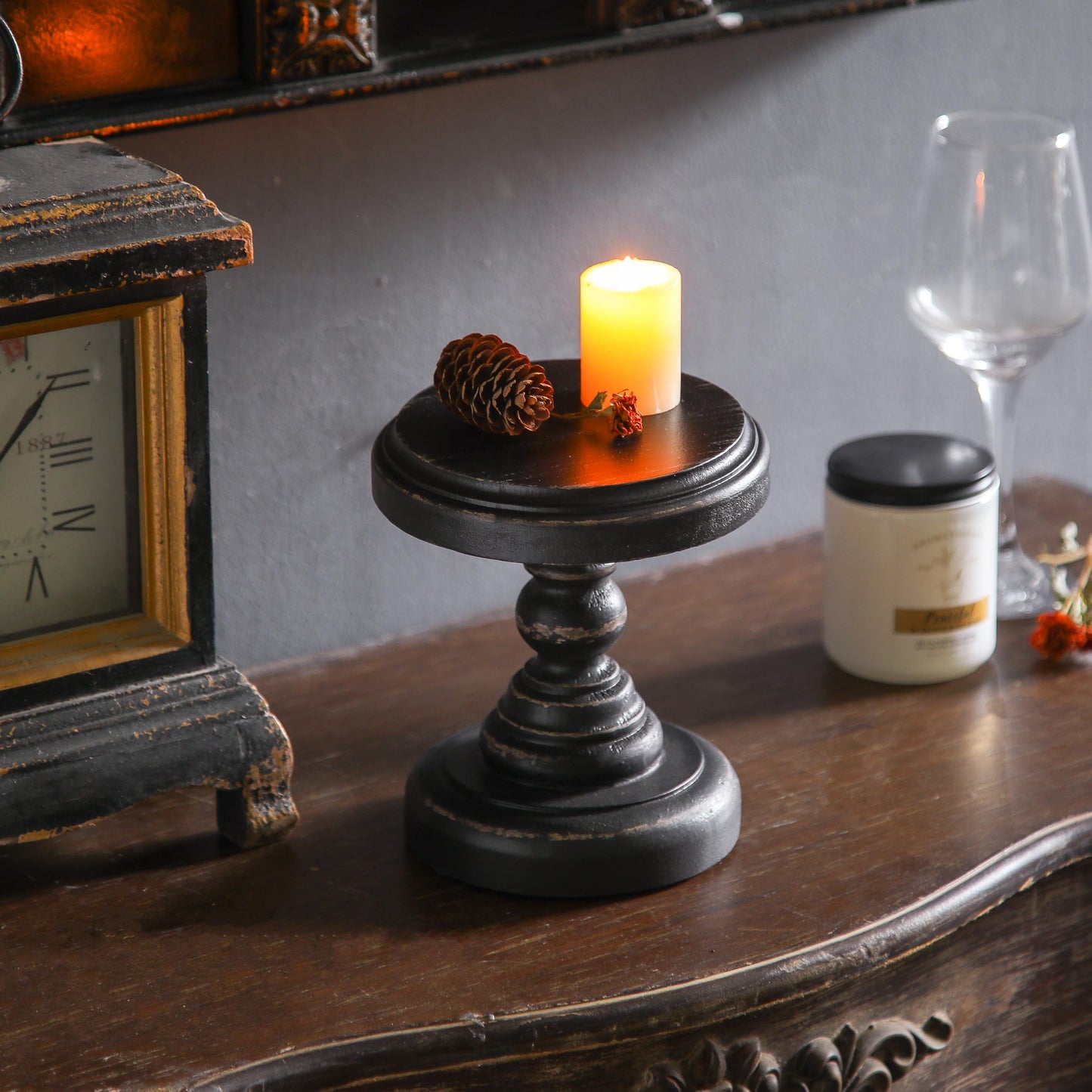SOFE Black Wood Display Riser, Rustic Small Pedestal Stand/Planter Stands, Tray Holder for Decor, Unique Wooden Base 7 Inches Tall for Mini Items, Candle, Figurine