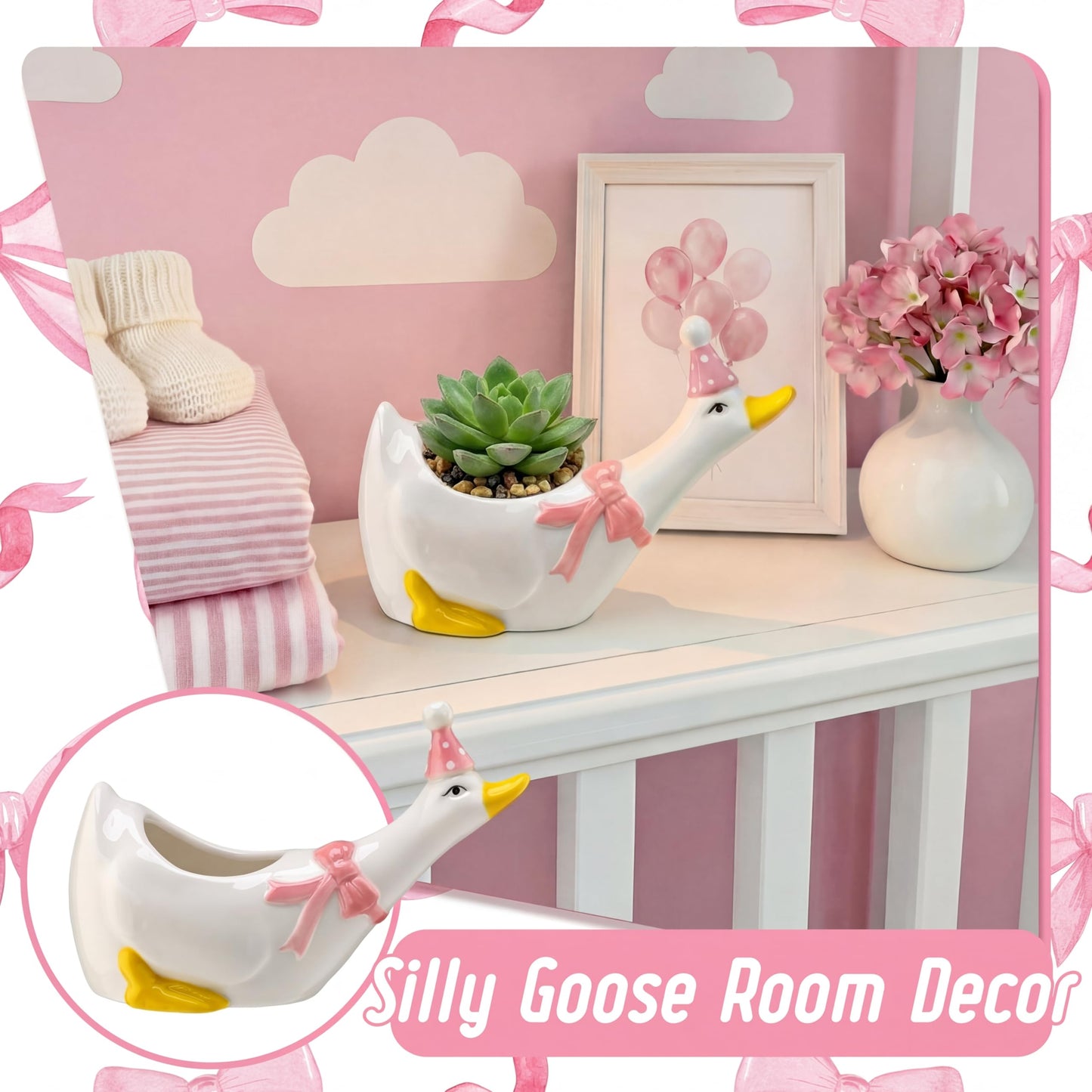 Ferrochef Cute Silly Goose Vase for Flower Funny Ceramic Planter Vase Silly Goose Birthday Party Table Decoration Unique Office Table Decor for Housewarming Teacher Appreciation Gifts(Pink)