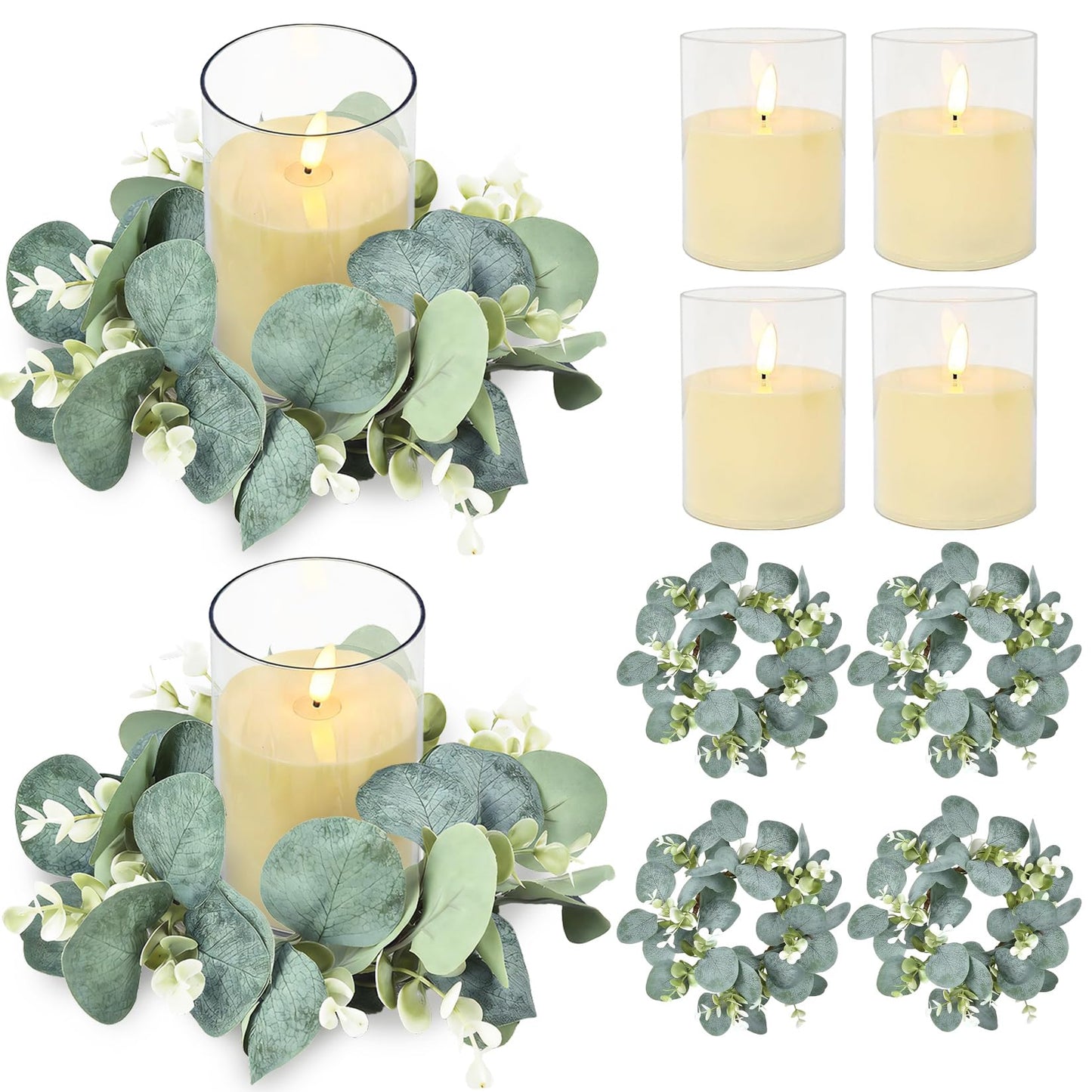 6 Sets LED Candle Rings with Artificial Eucalyptus Wreaths, 4-Inch Center Pillar Candle Holders for Wedding Table Centerpieces, Party Home Decor