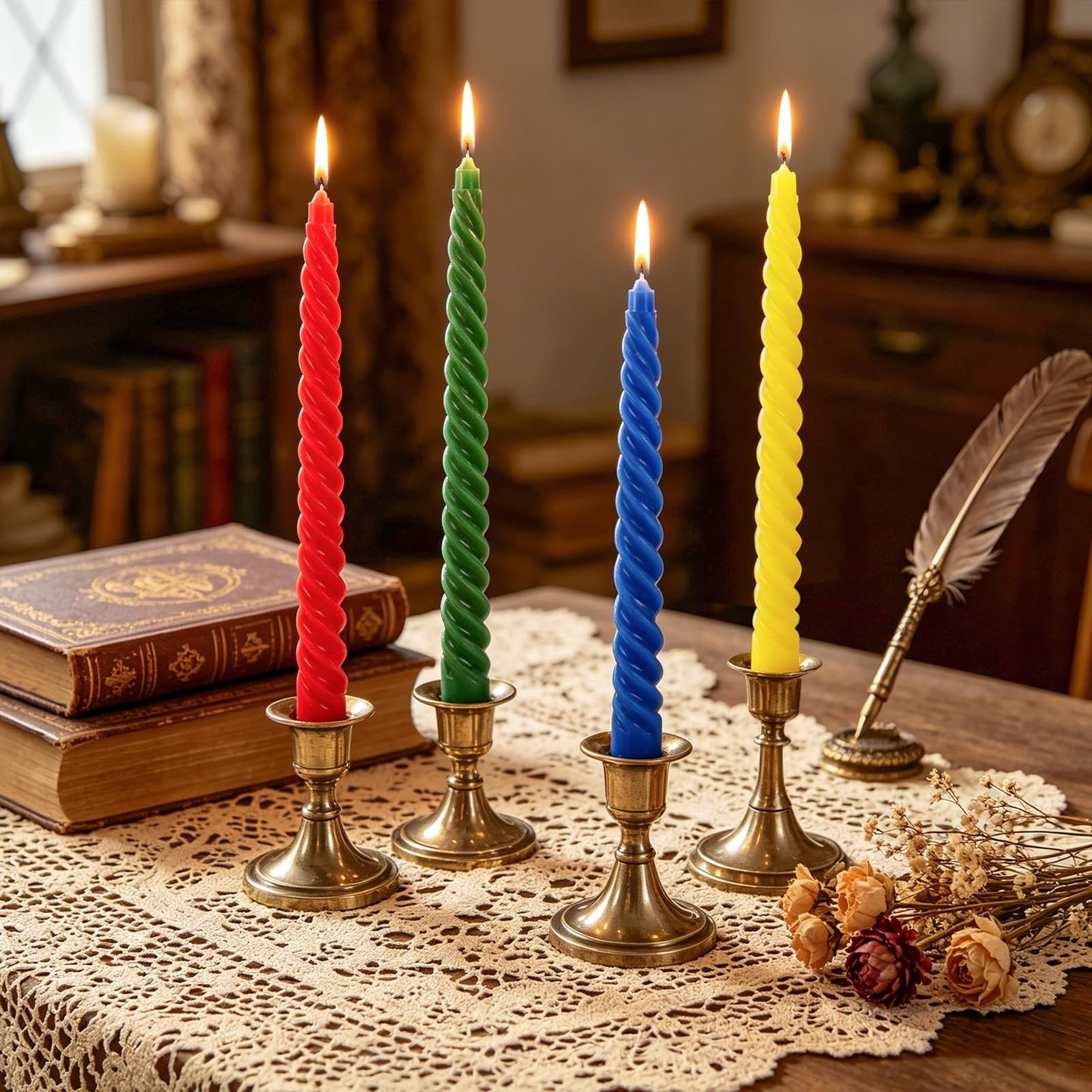 FYSUIMU 12Pcs Twisted Taper Candles 10 Inch Magical Wizard Spiral Swirl Wax Candles Yellow Blue Green Red Long Unscented Candle Sticks for Wedding Holiday Dinner Party Supplies Home Table Decor