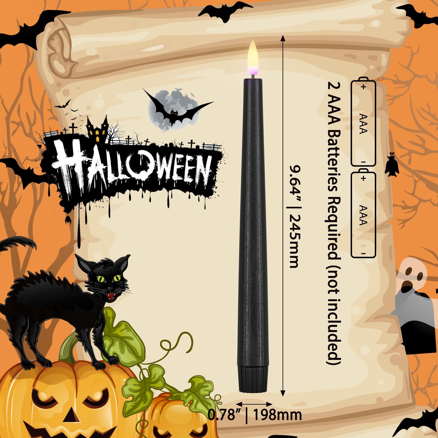 AFINETH Orange and Black Flameless Taper Candles Flickering, Real Wax Halloween Candles with 2 Remote & Timer, Battery Operated Halloween Led Candle for Party Home Decor 6 Pack