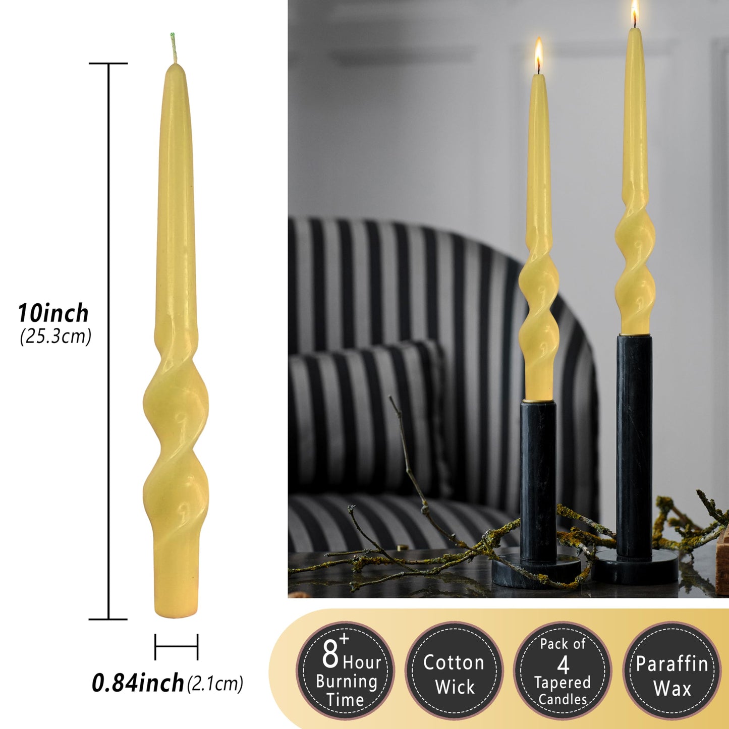4pcs Beeswax Taper Candles Natural Honey Twisted Candlesticks Yellow Spiral Taper Candle Natural Scent Long Lasting Burning Handmade Bee Wax Candle for Home Wedding Women Christmas Halloween
