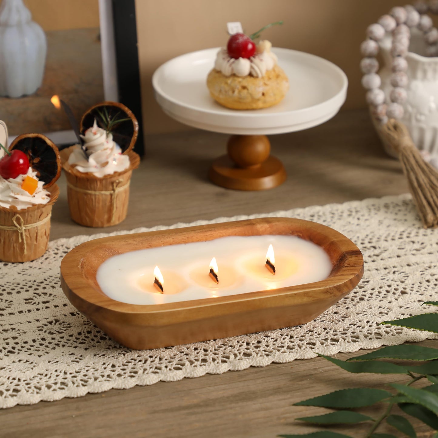 Wooden Bowl Candle 10 Inch, Soy Large Farmhouse Candle for Table, Vanilla Spice Scented, 3 Wood Wicks, Christmas Candle Gifts for Men & Women