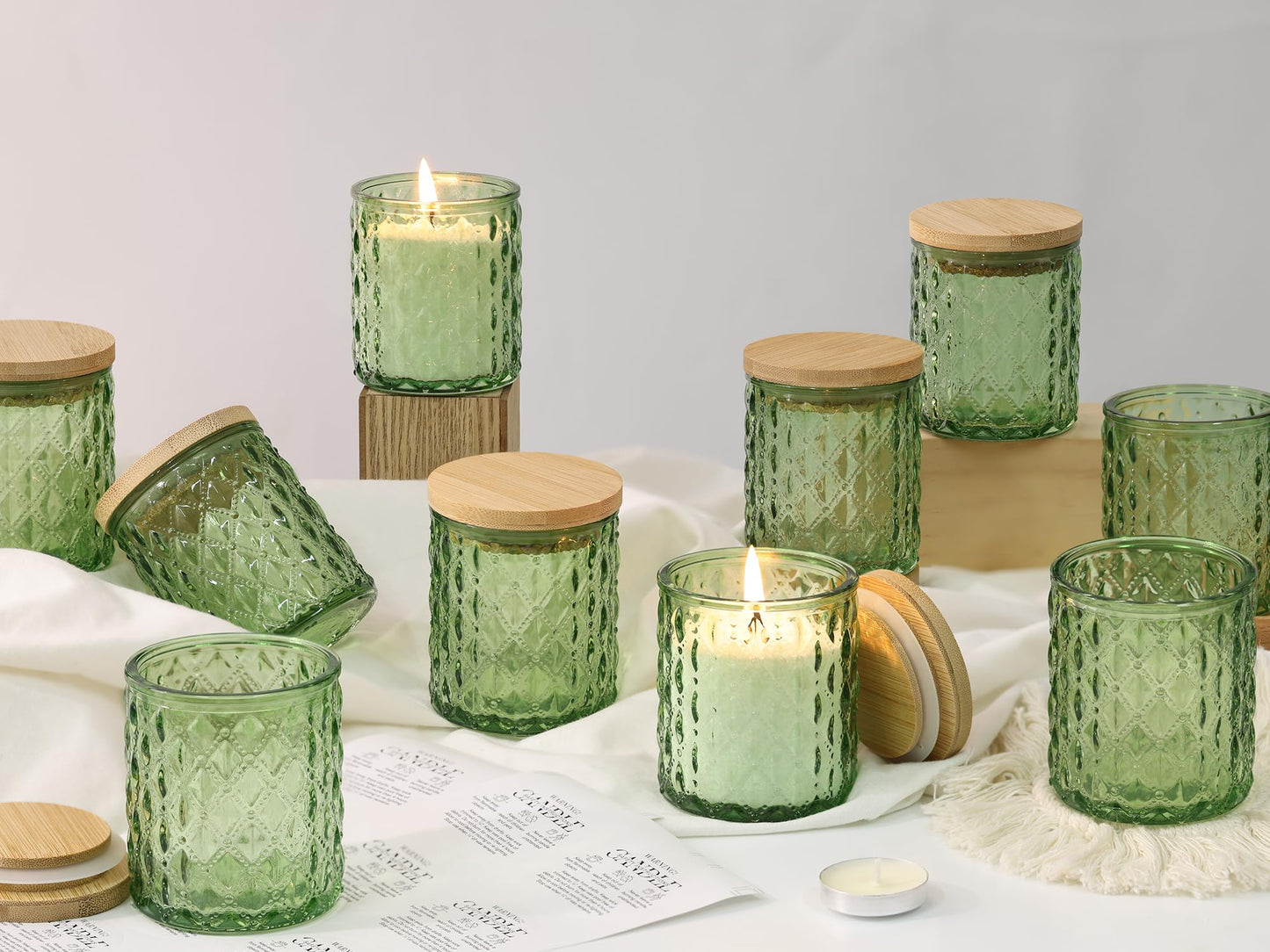 NITIME 15pcs 7.5oz Green Candle jars for Making Candles, Glass Candle Vessels With Bamboo Lids and Sticky Labels, Candle Containers for Making Candles and Candle Making Supplies