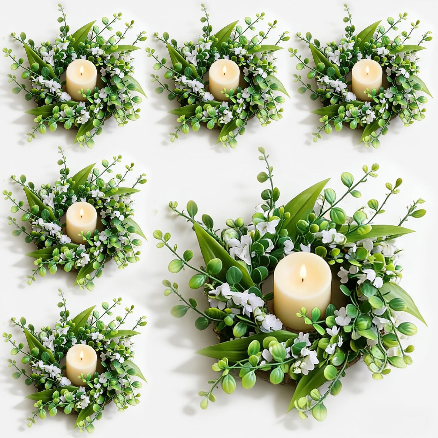 6 Pcs Green Boxwood Candle Rings Wreaths Mini Spring Summer Forsythia Wreath for Front Door Artificial Rings Wreaths with White Flowers for Pillar Porch Wall Window Farmhouse All Seasons Decor