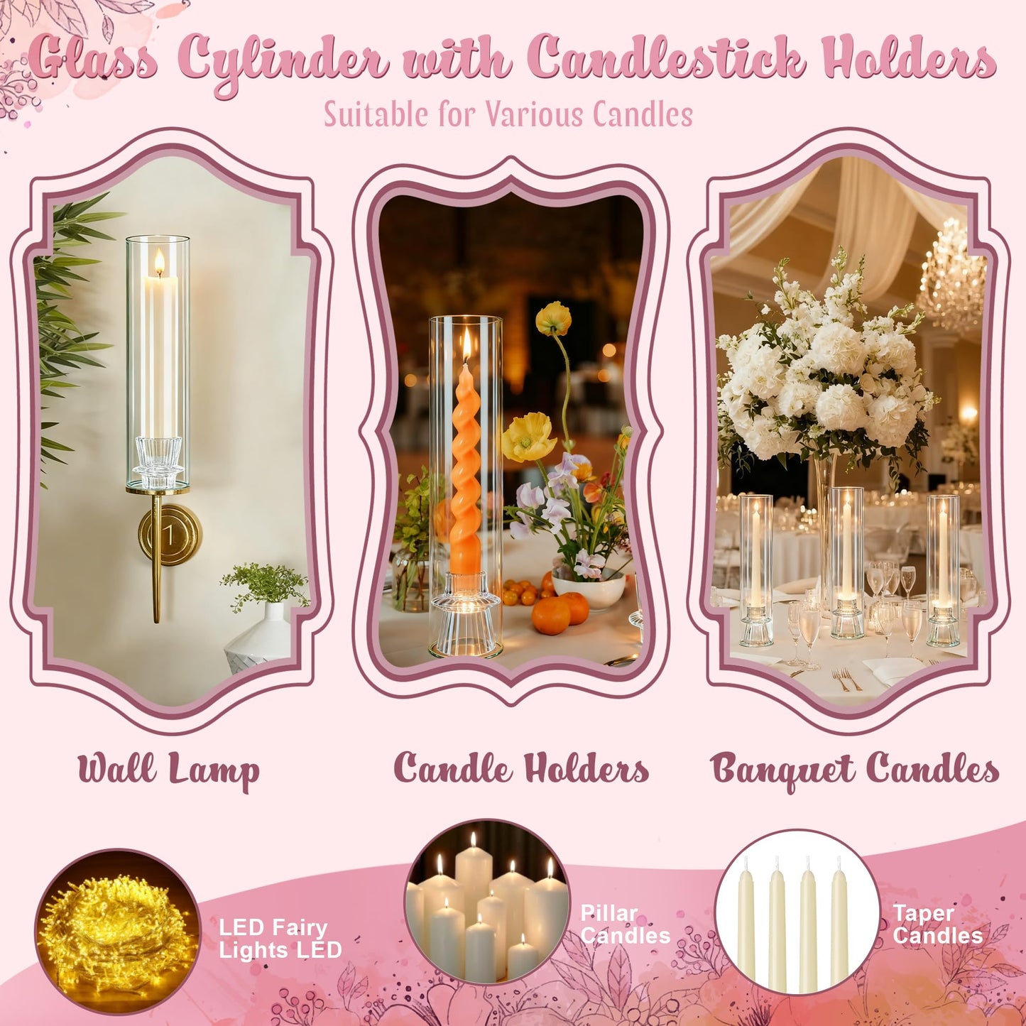 12 Set Glass Hurricane Candle Holders - 12" Tall Clear Glass Candlestick Holders for Taper Candles with Cylinder Chimney for Wedding, Party, and Home Table Centerpiece Decoration